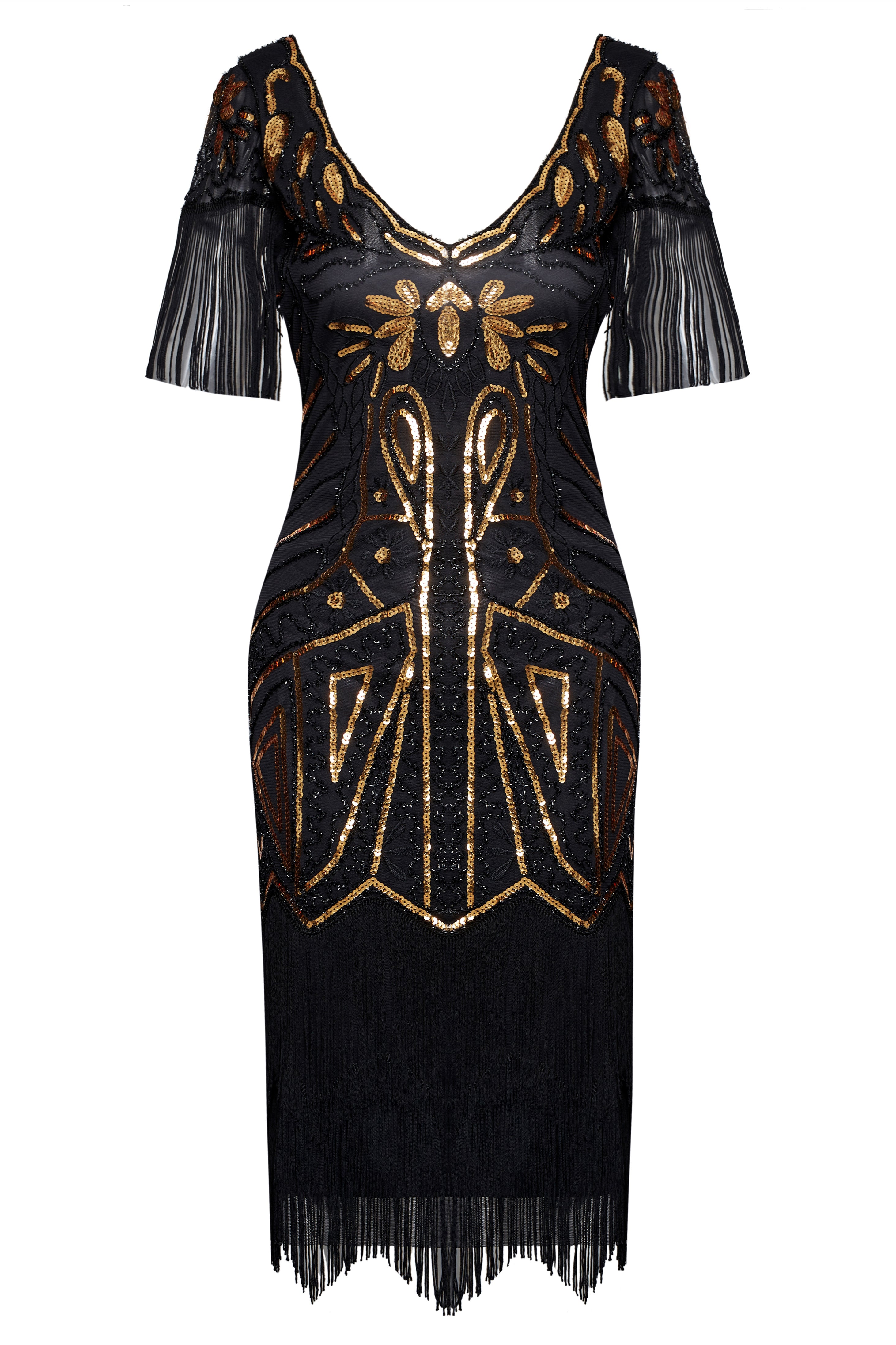 Art Deco Paisley Sequin Fringe Dress | Blackgold | 3
