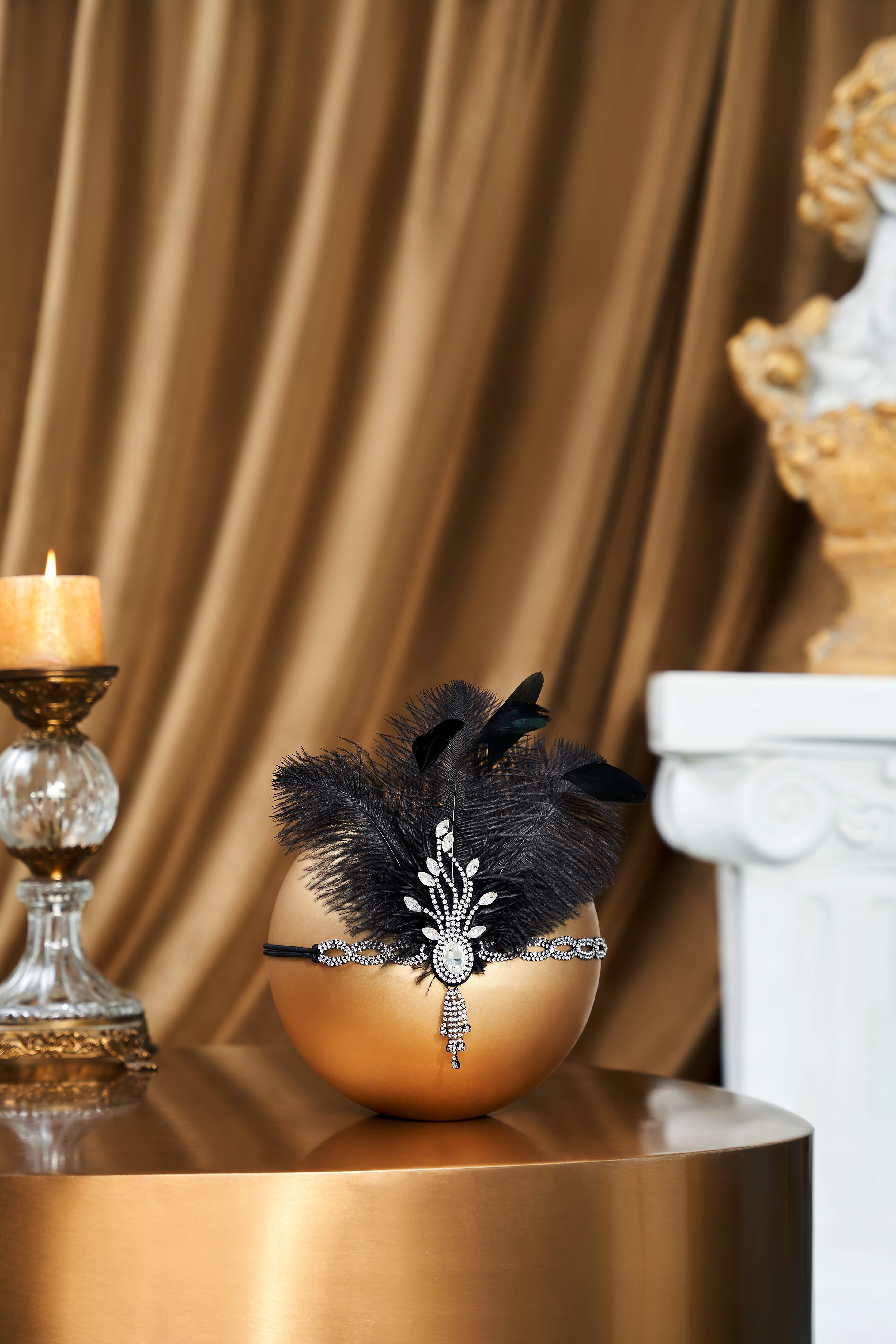 Beaded Rhinestone Tassel Feather Headpiece | Black | 3