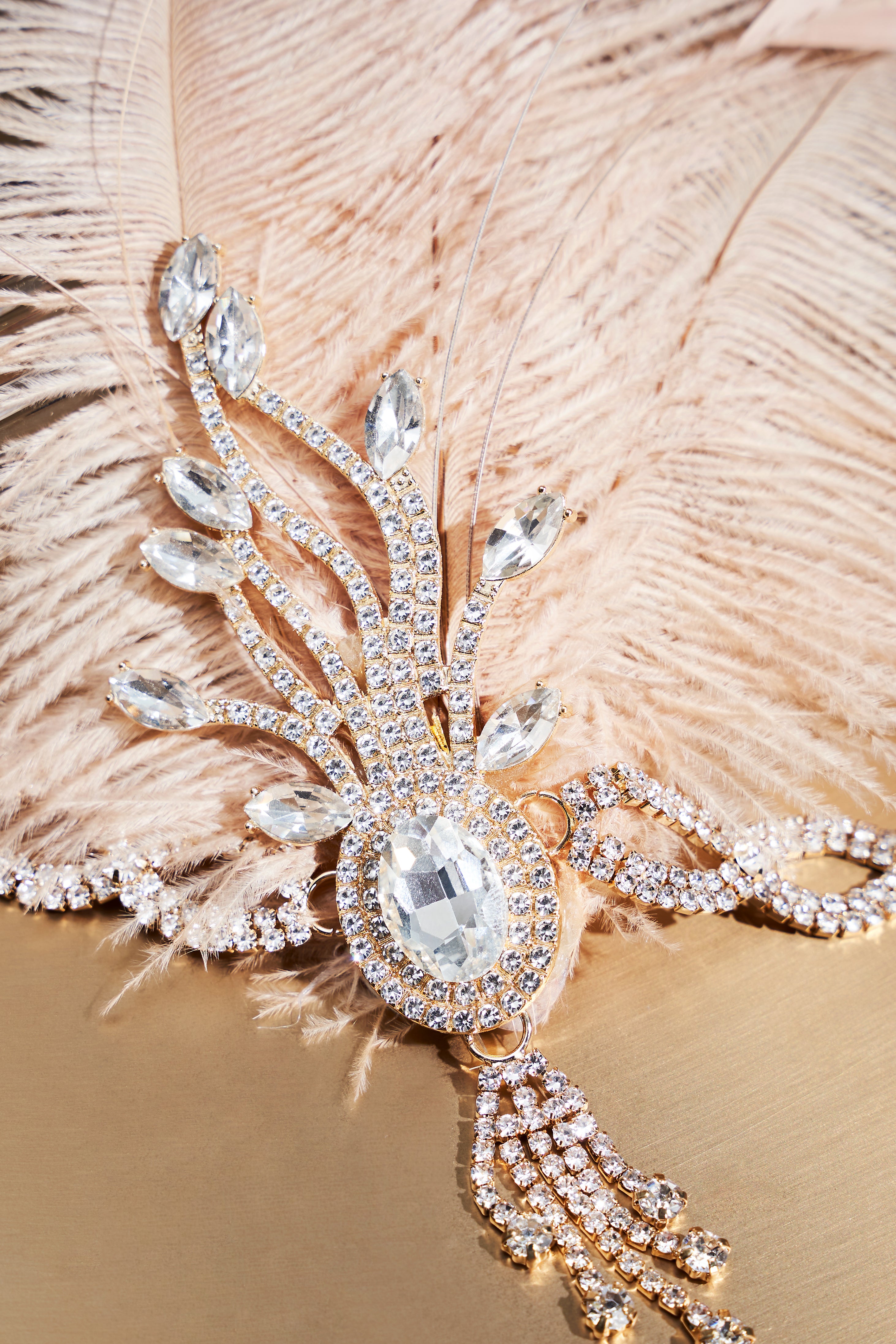 Beaded Rhinestone Tassel Feather Headpiece | Champagne | 4
