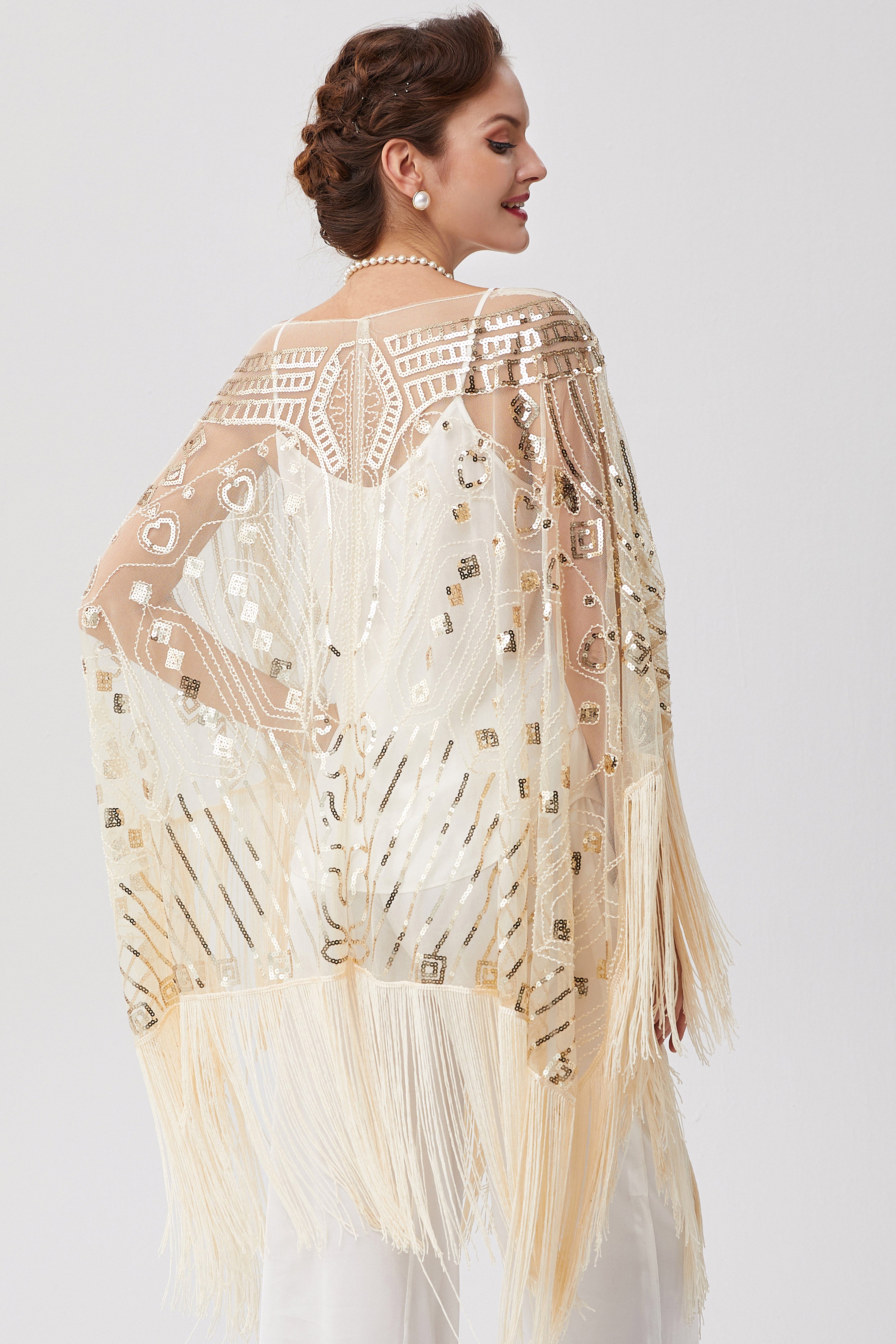1920s Knee Length Fringed Shawl | Cream | 10