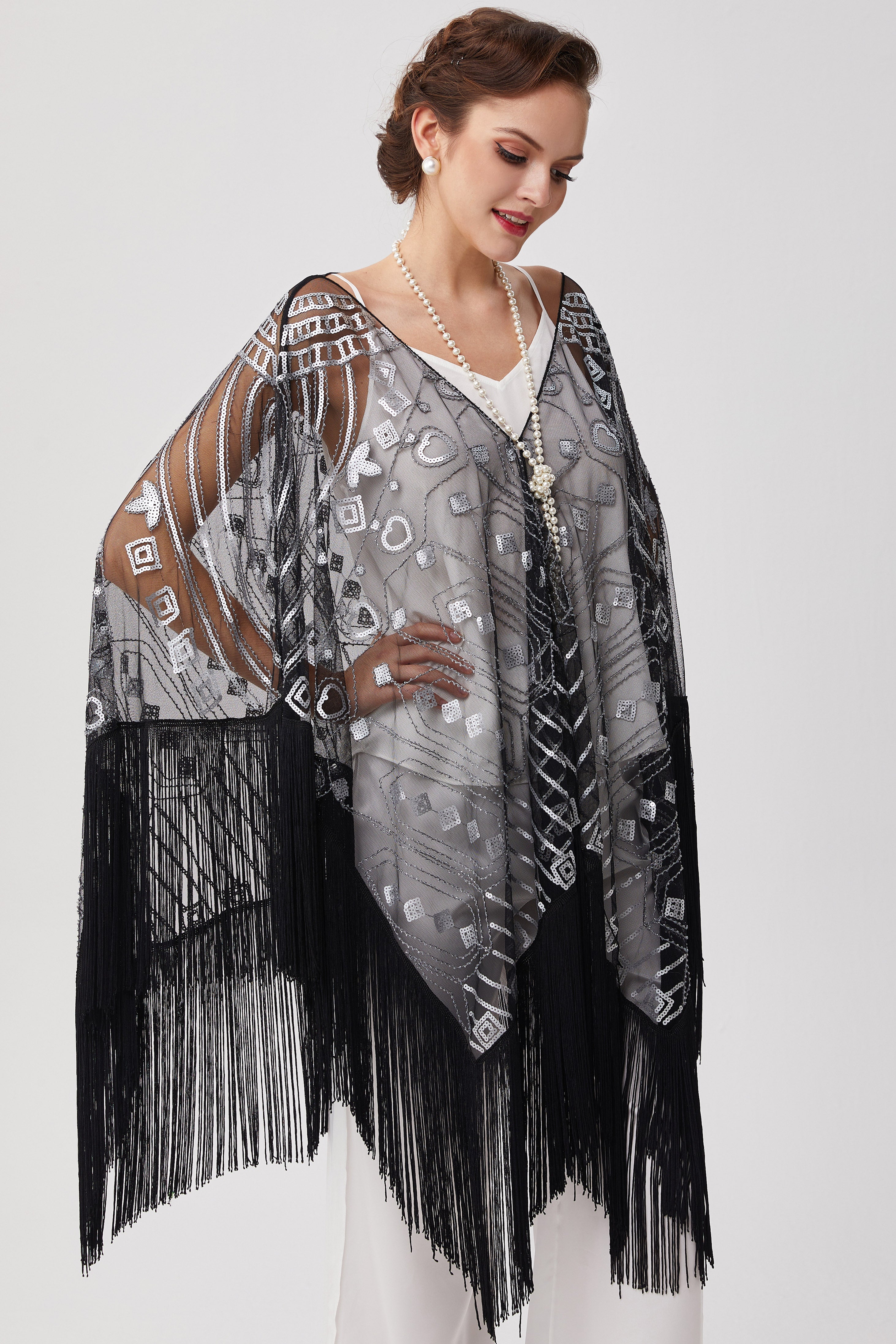 1920s Knee Length Fringed Shawl | Black/Silver | 12