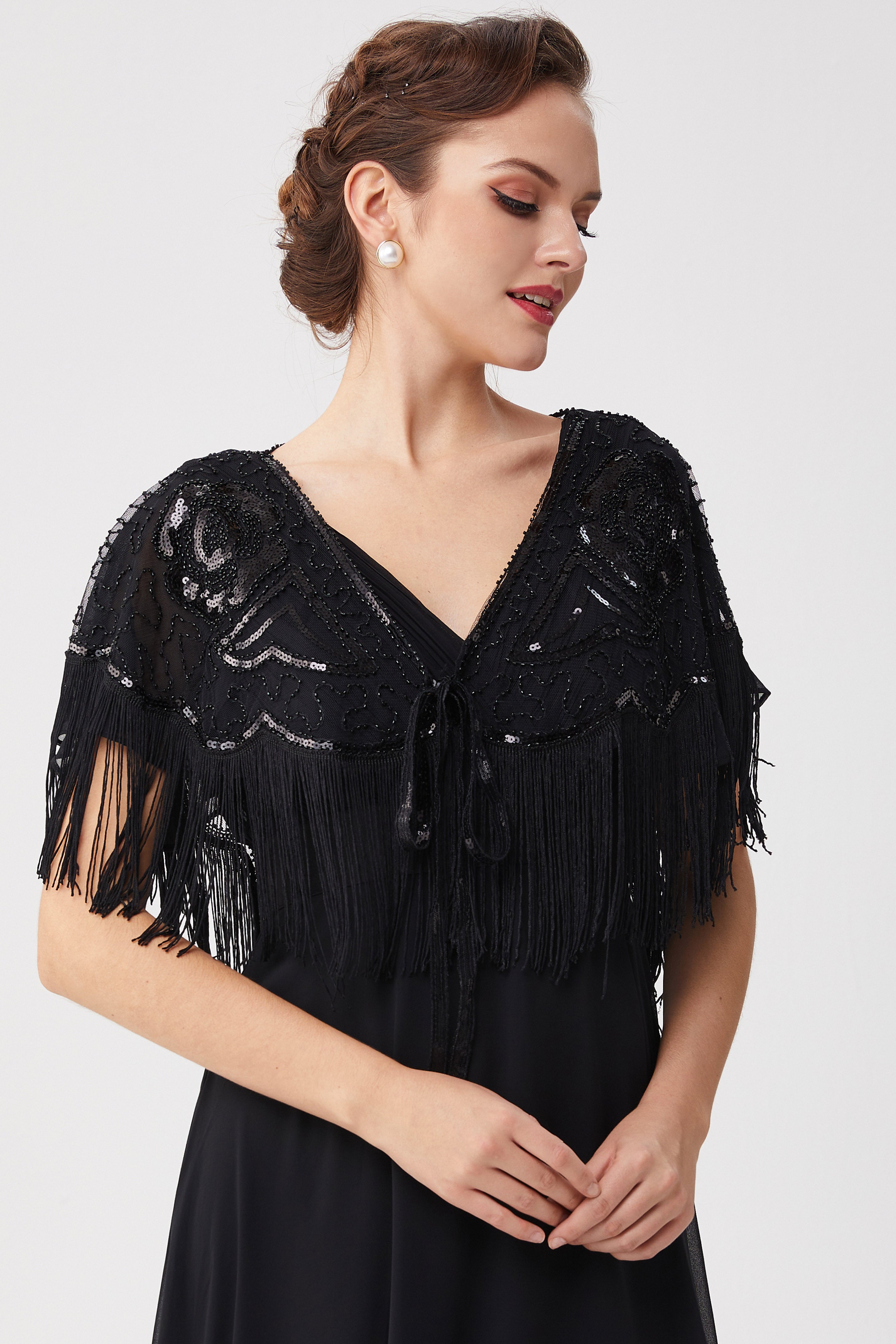 1920s Beaded Sequin Gatsby Shawl | Black | 3