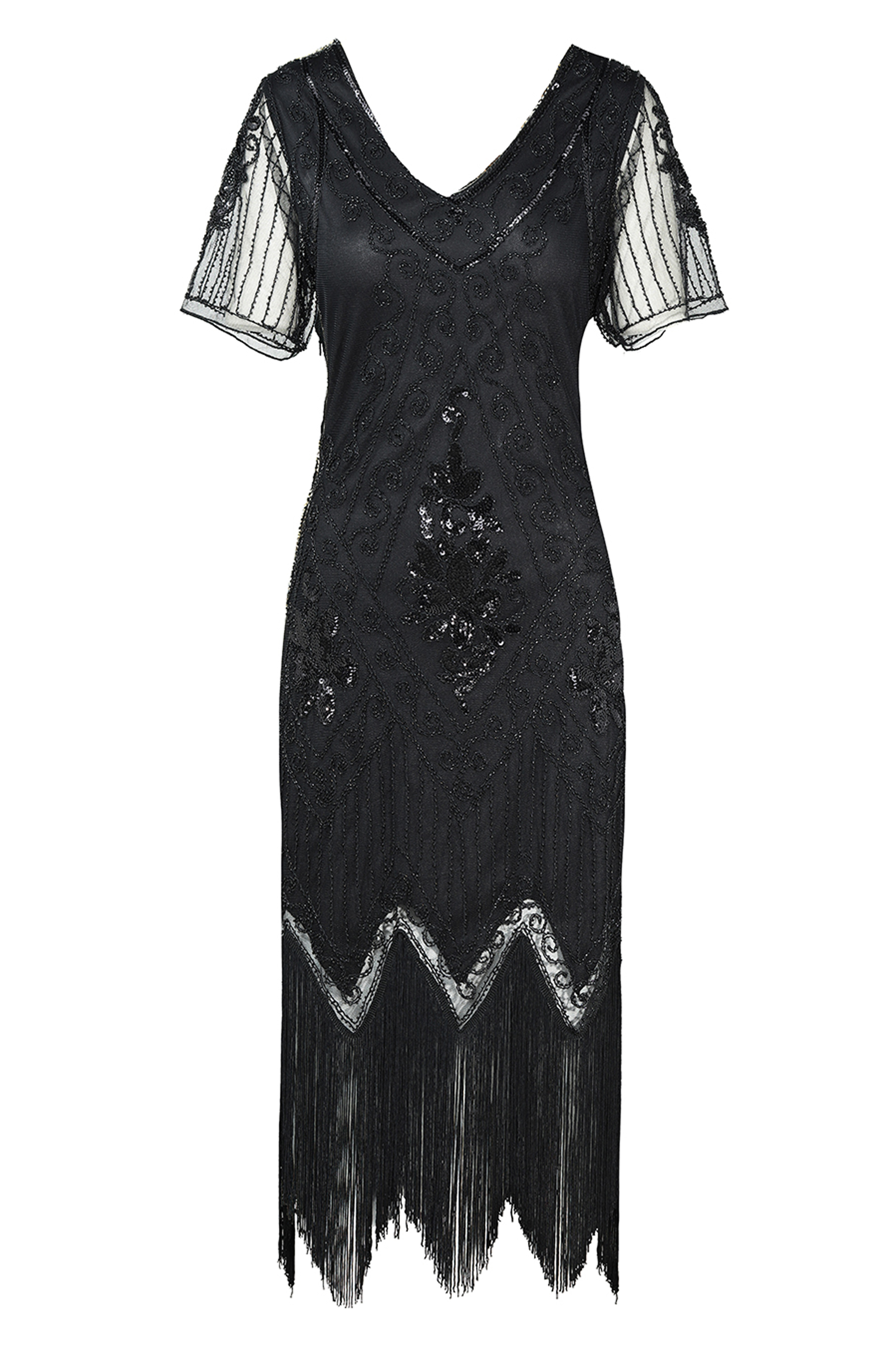 Vintage Paisley Flapper Fringe Dress | Black | 6