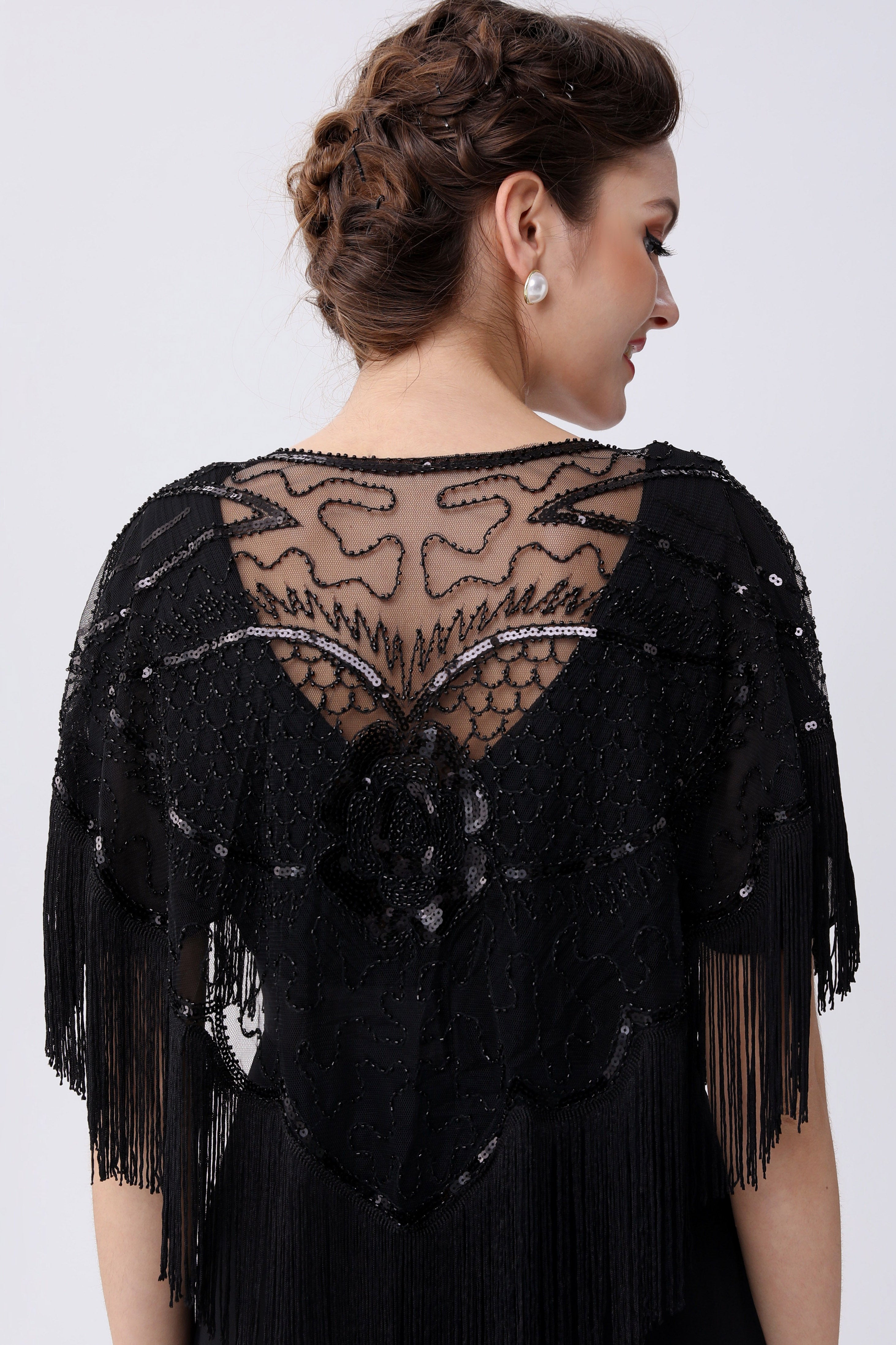 1920s Beaded Sequin Gatsby Shawl | Black | 5