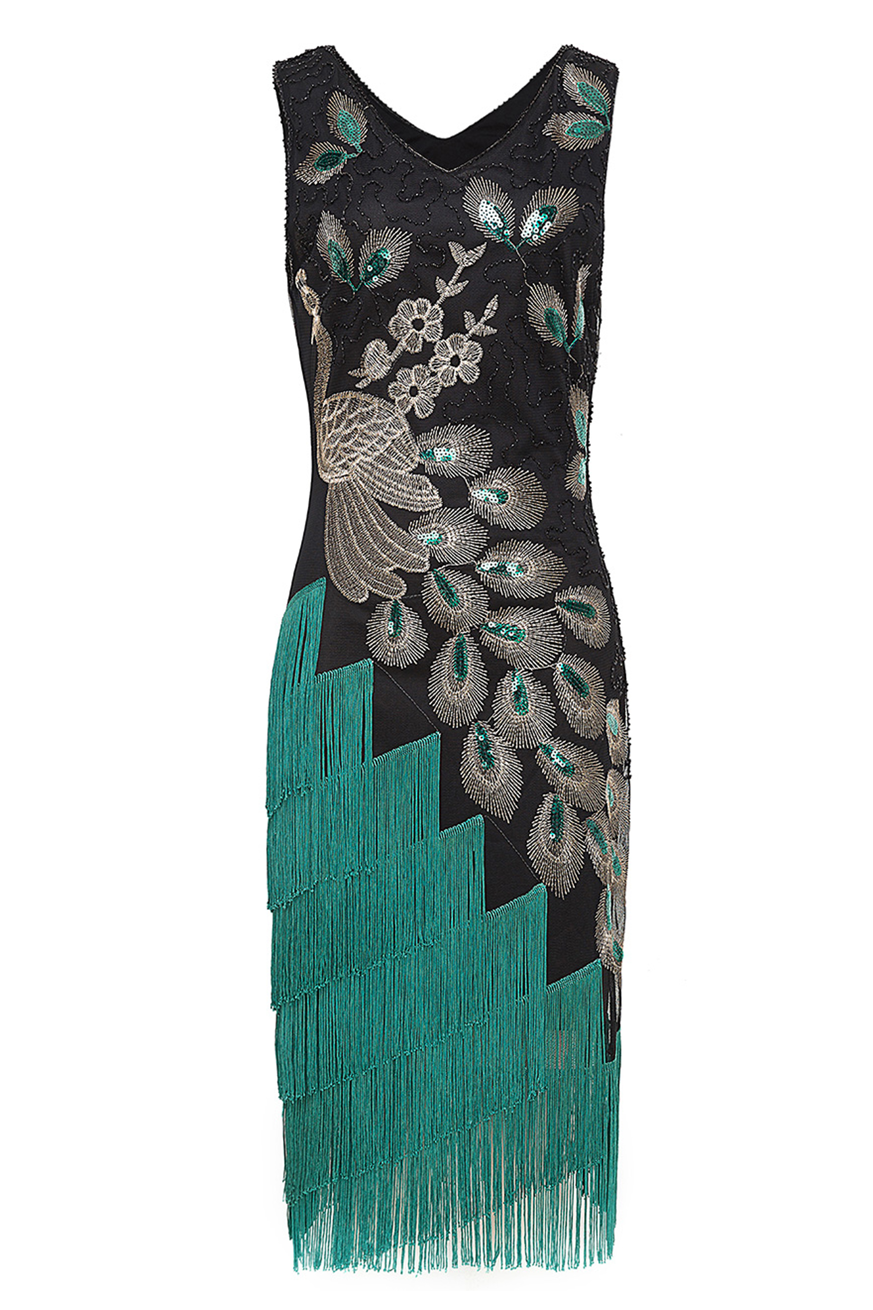 Irregular Tassel Hem Peacock Dress | Black/Green | 6