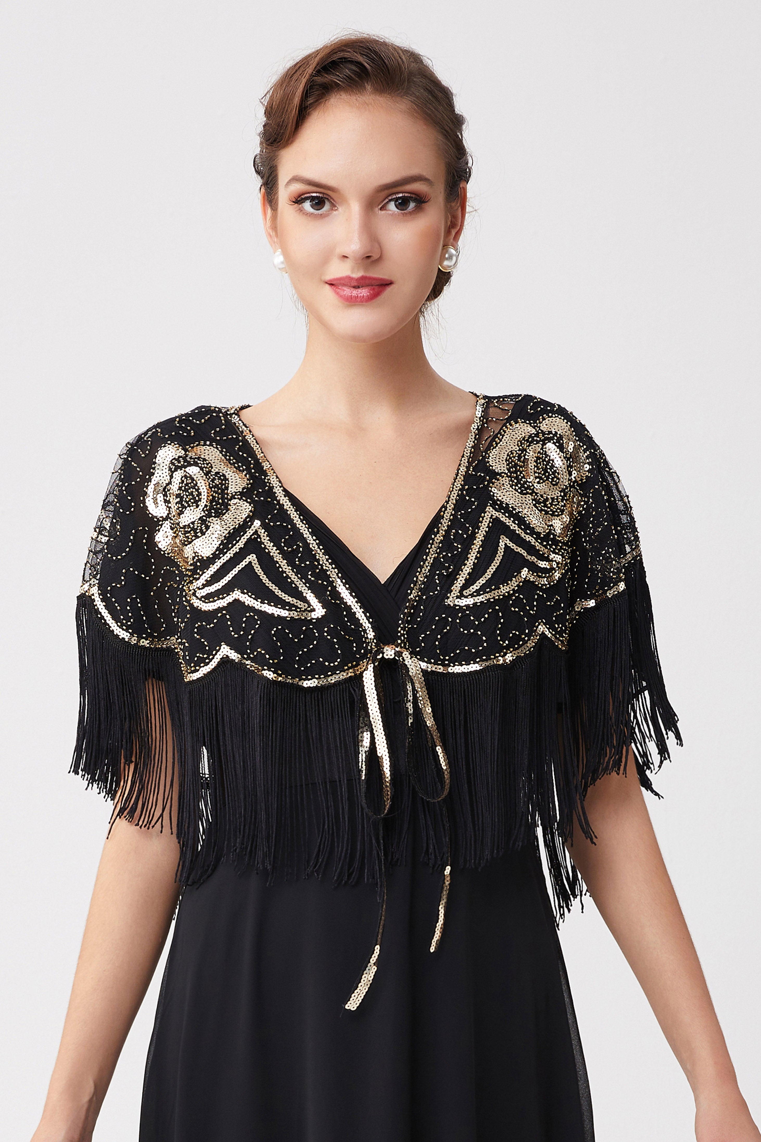1920s Beaded Sequin Gatsby Shawl | Black/Gold | 17