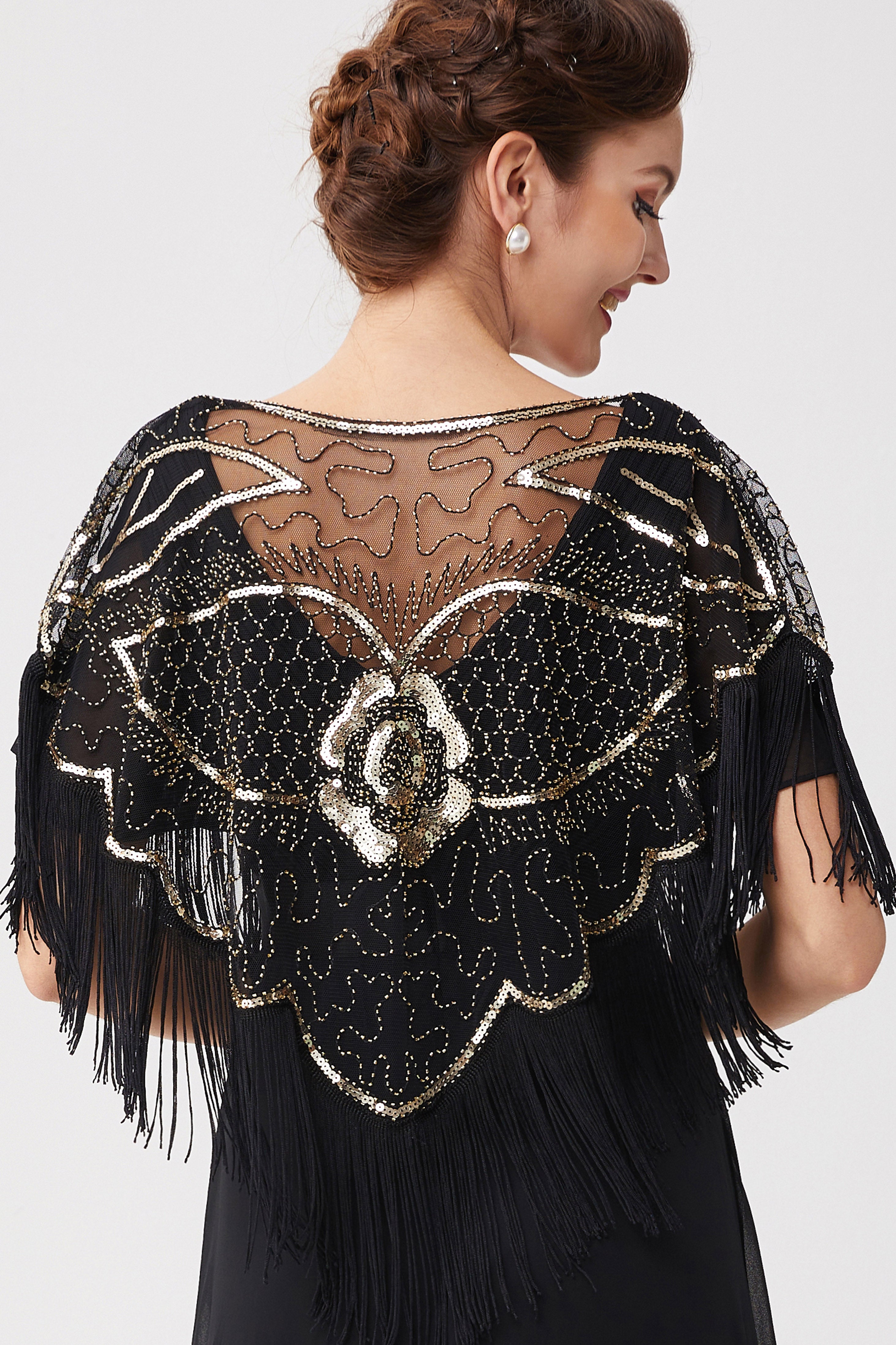 1920s Beaded Sequin Gatsby Shawl | Black/Gold | 20