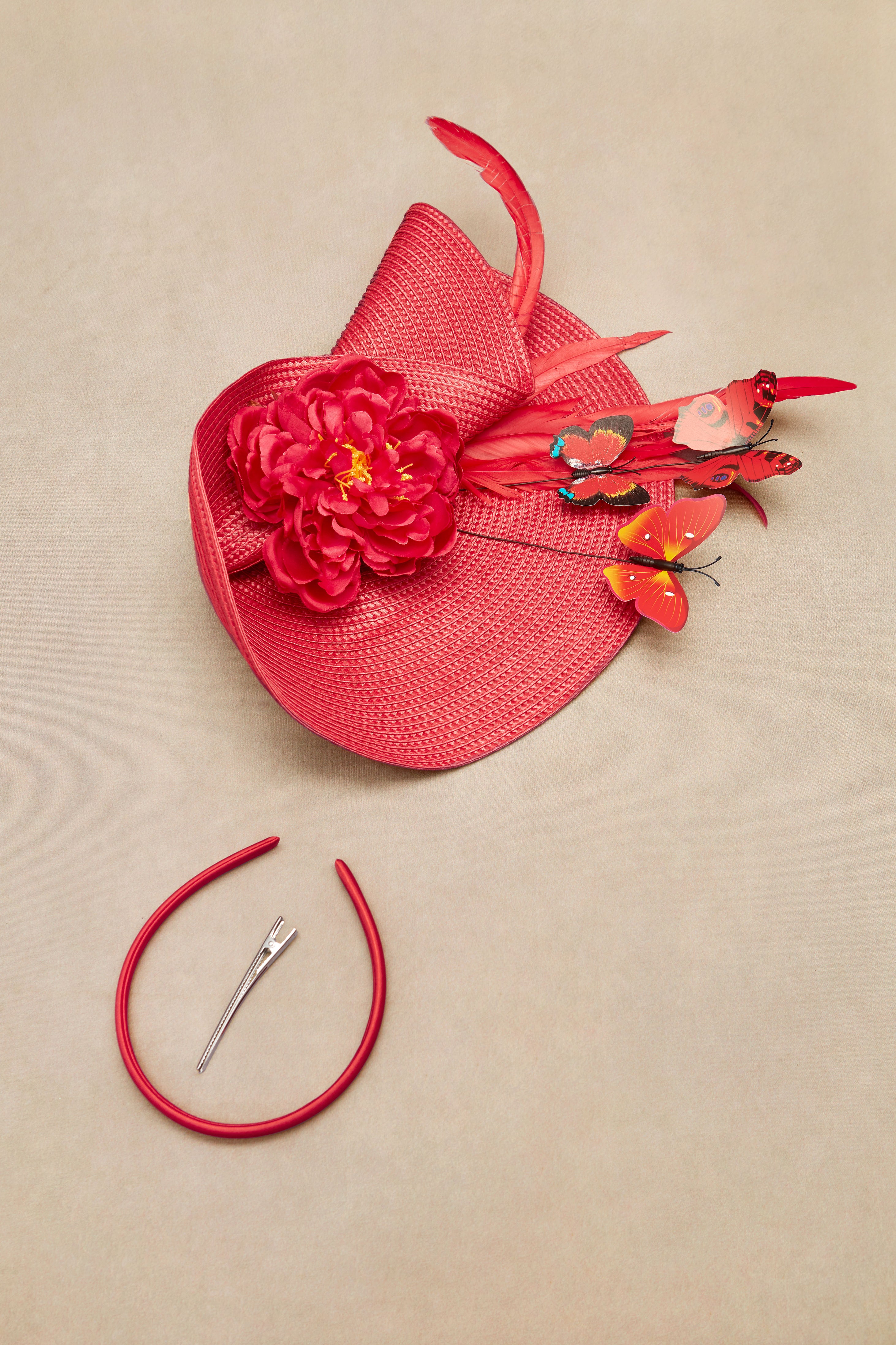 Classic Vintage Wide Brim Fascinator | Red | 2