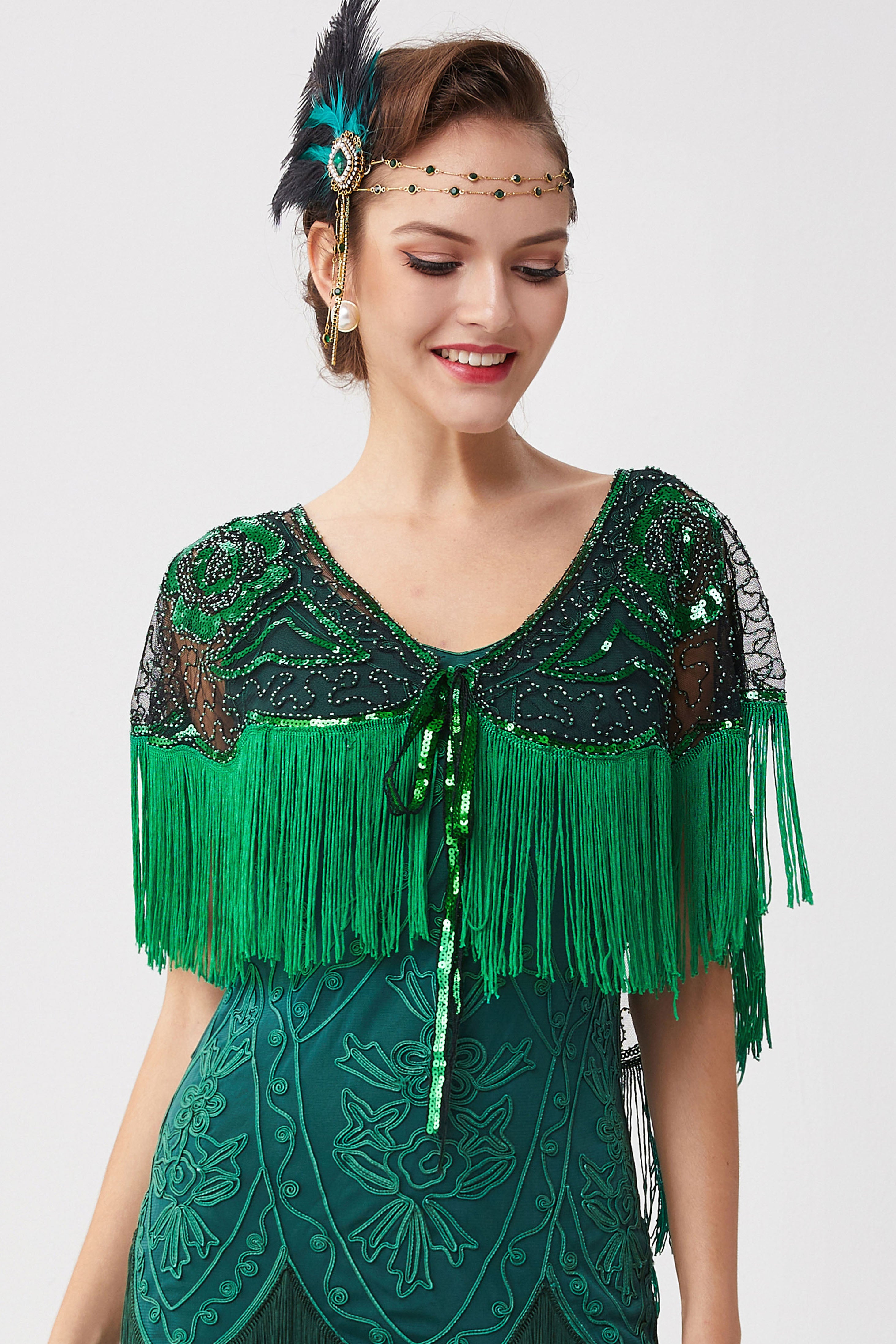1920s Beaded Sequin Gatsby Shawl | Black/Irish Green | 7