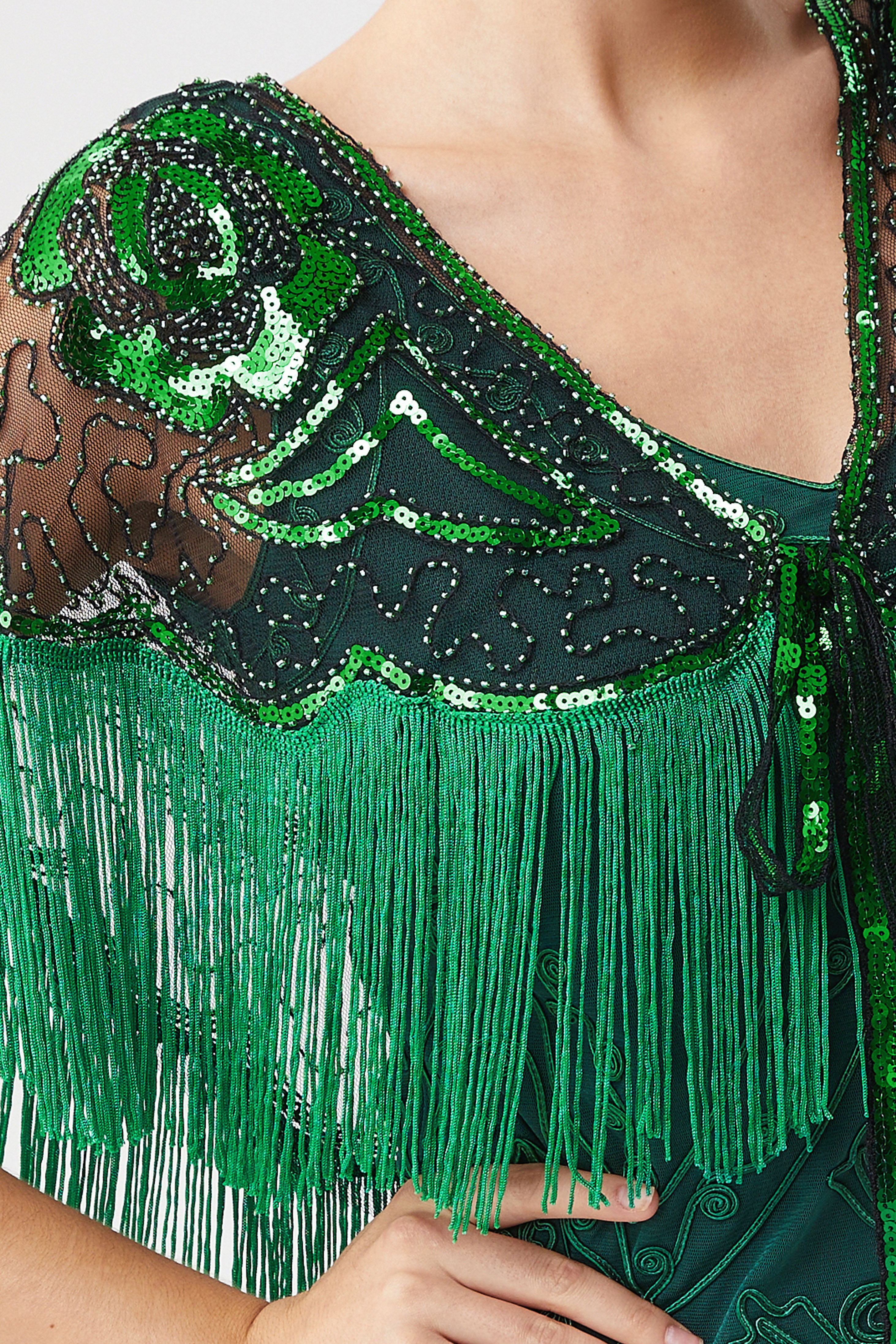 1920s Beaded Sequin Gatsby Shawl | Black/Irish Green | 9