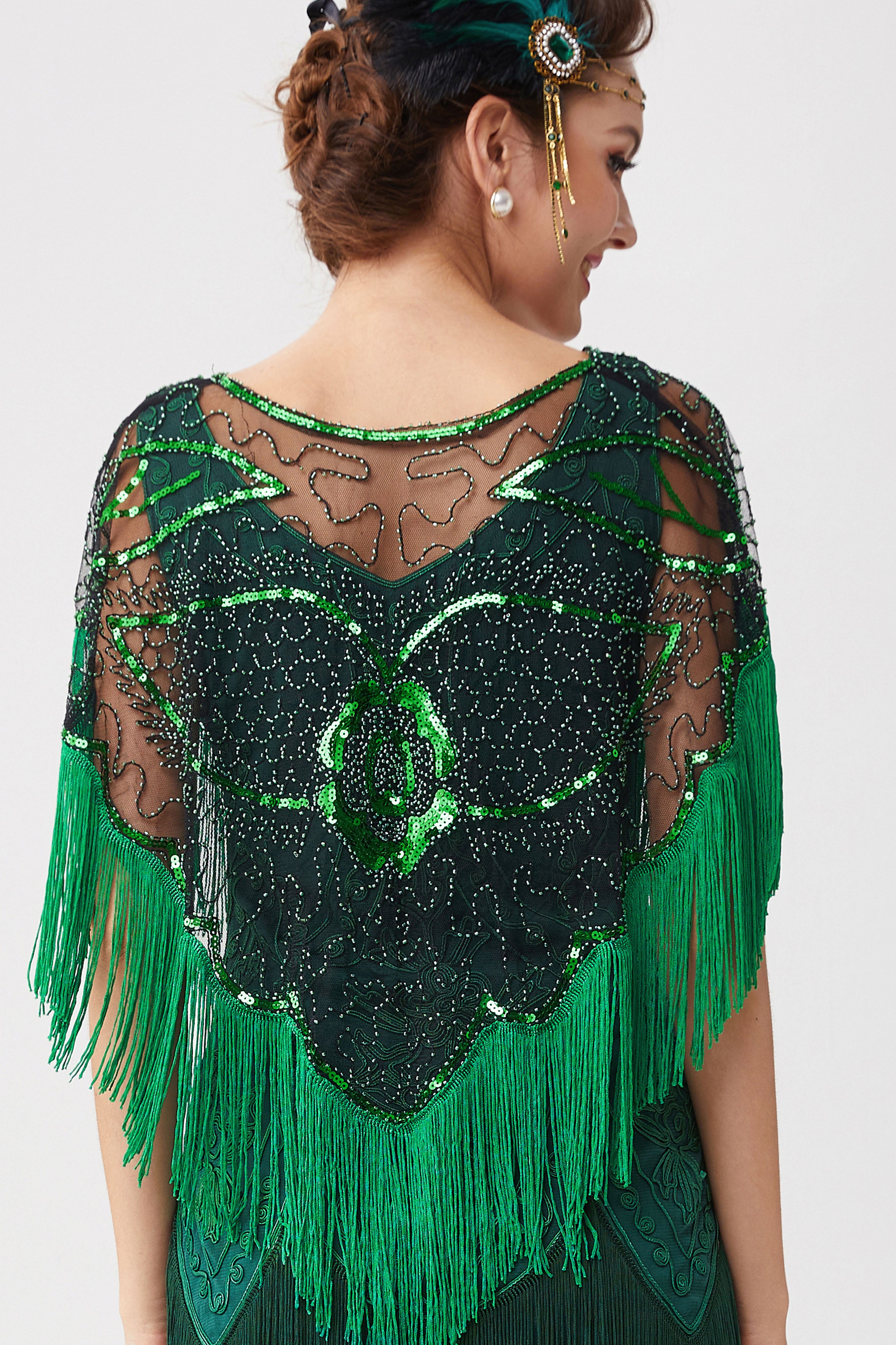 1920s Beaded Sequin Gatsby Shawl | Black/Irish Green  | 10