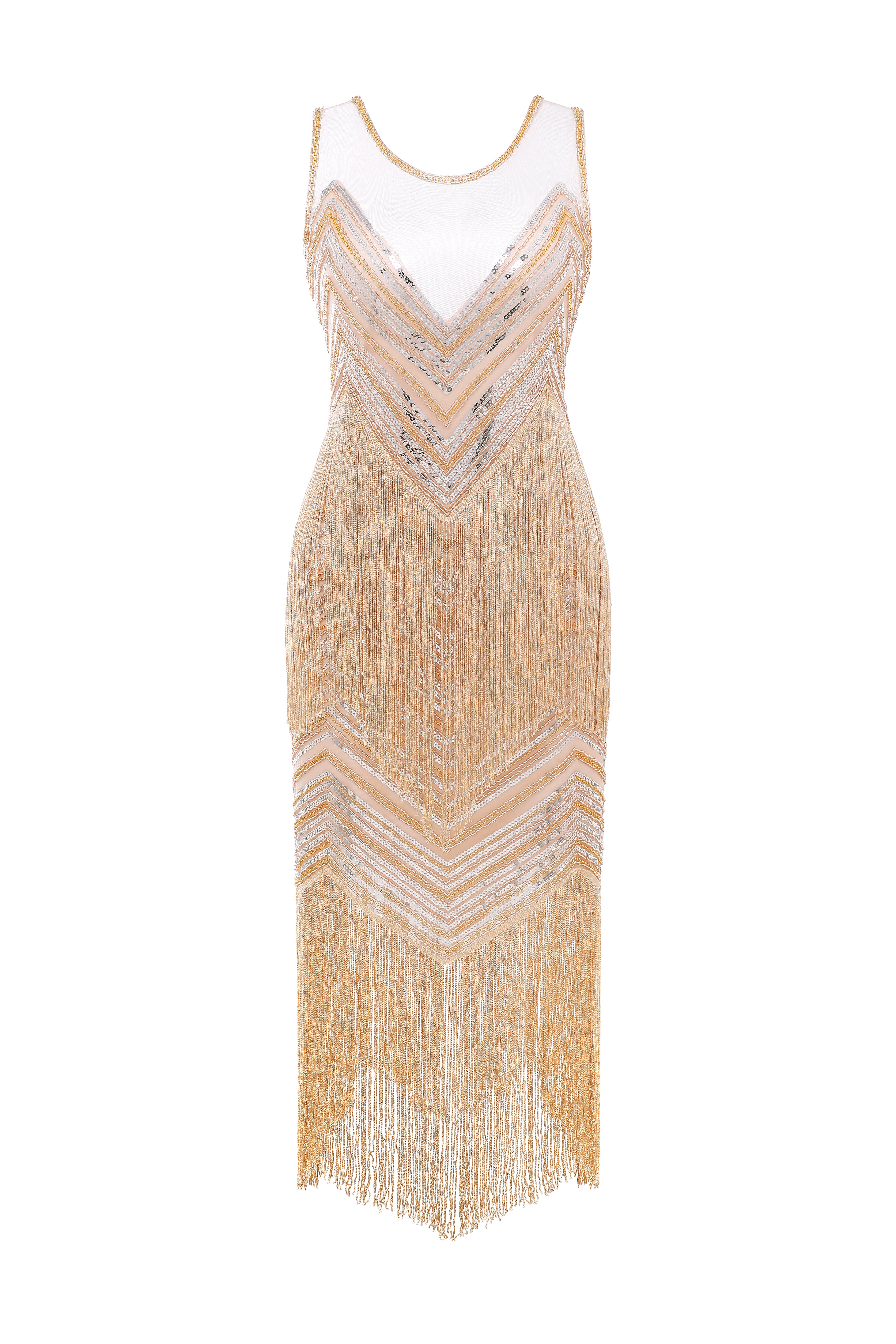 Embroidered Sequin Flapper Tassel Dress | Champagne | 3