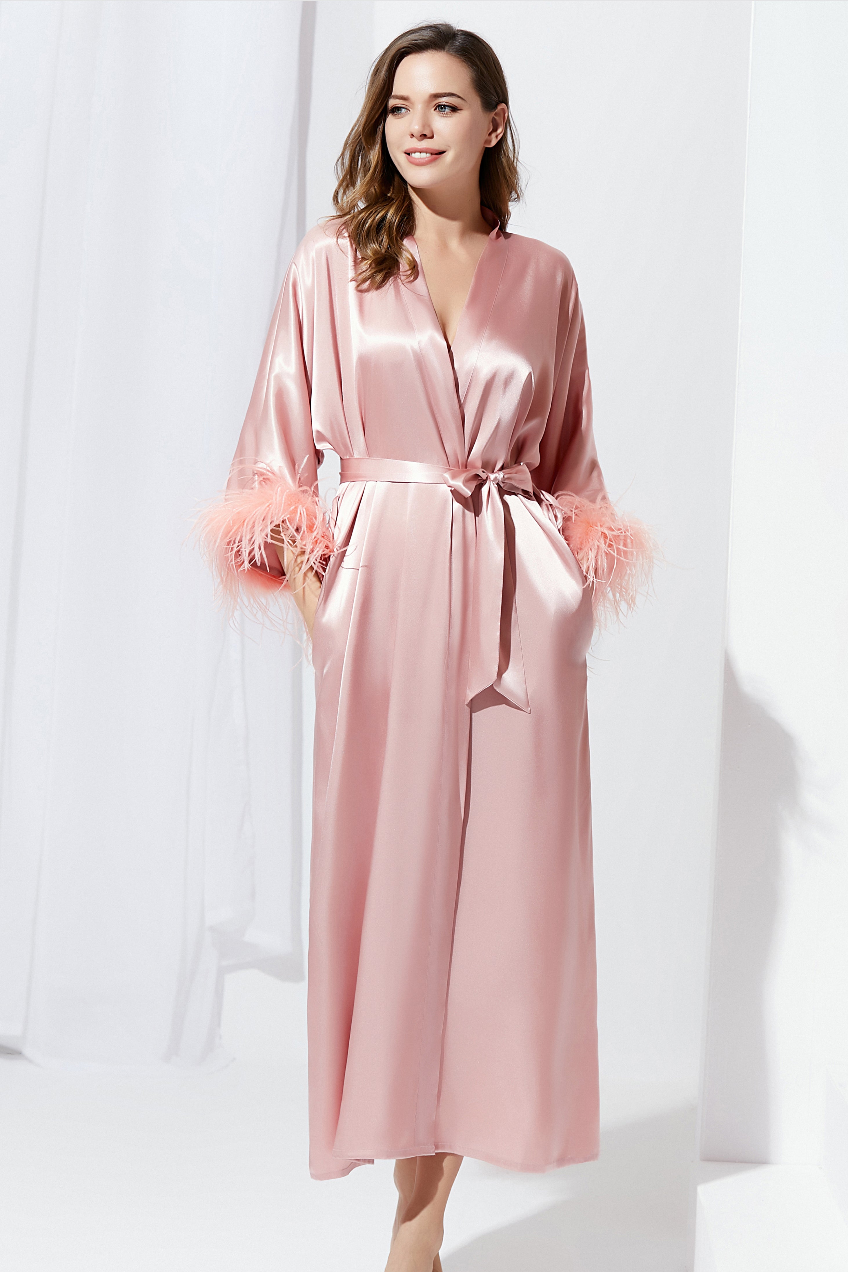 Ostrich Feather Trim Satin Robe | | 3