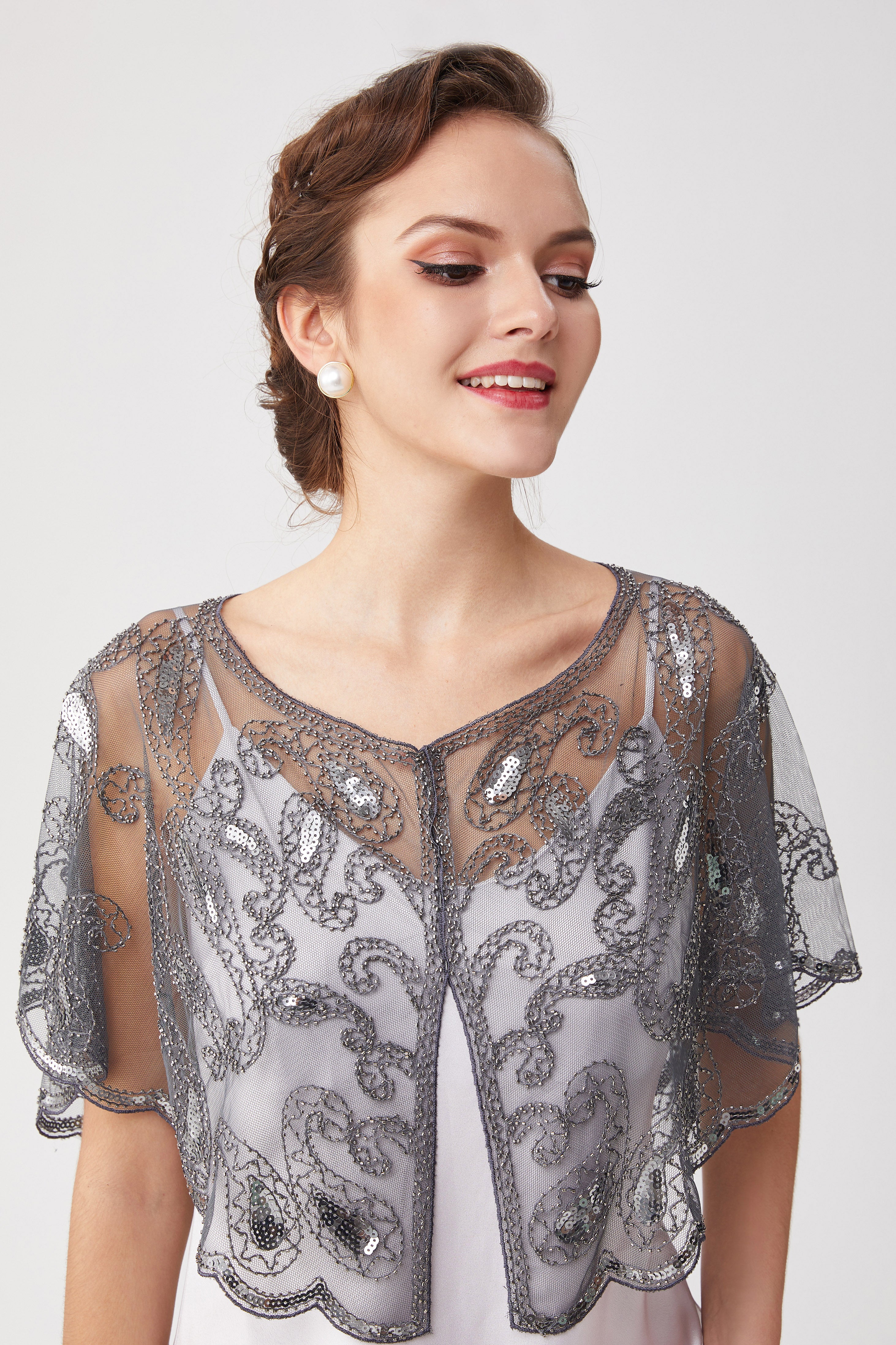 1920s Sequin Beaded Gatsby Shawl | Gray/Silver | 3
