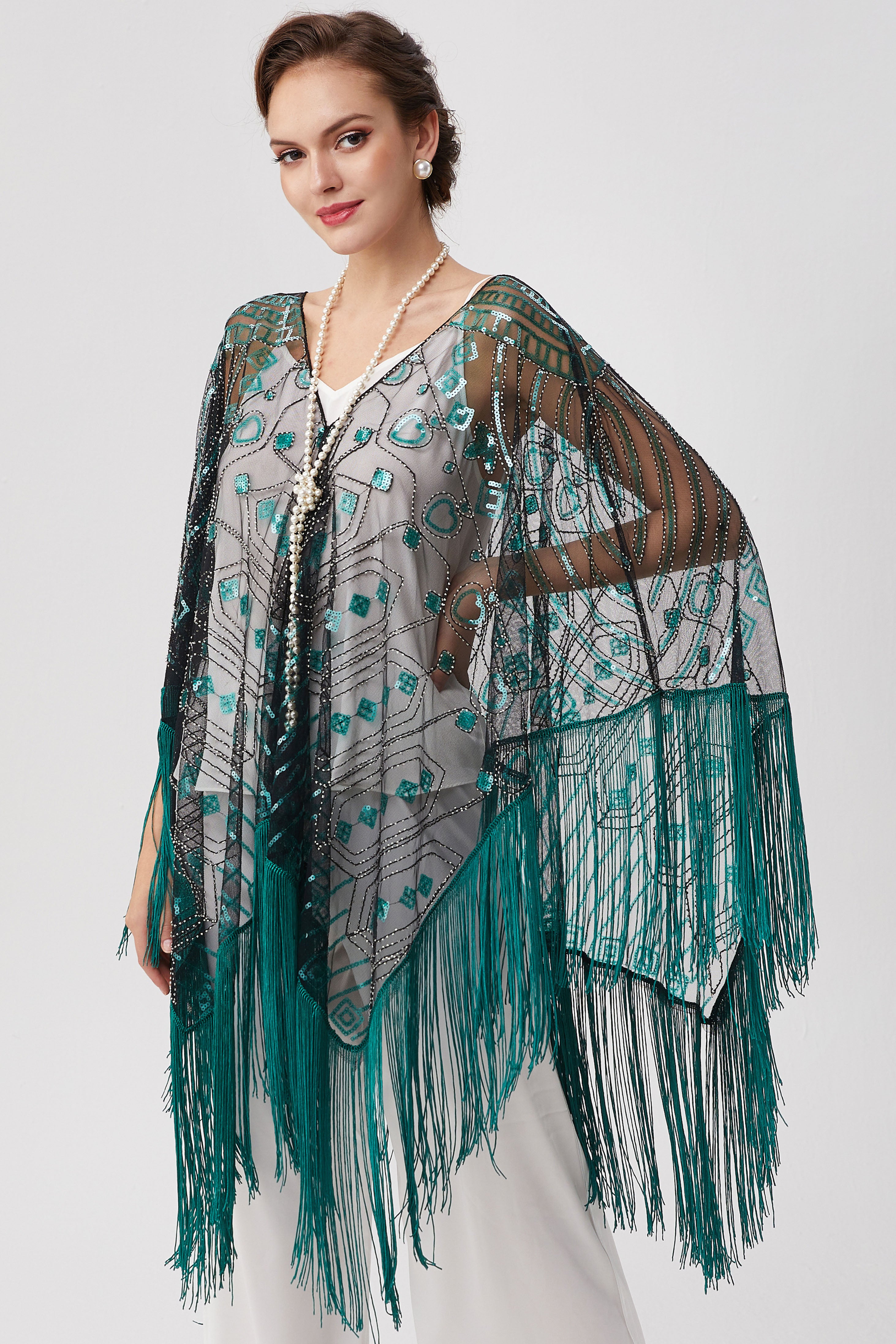 1920s Knee Length Fringed Shawl | Black/Turquoise | 3
