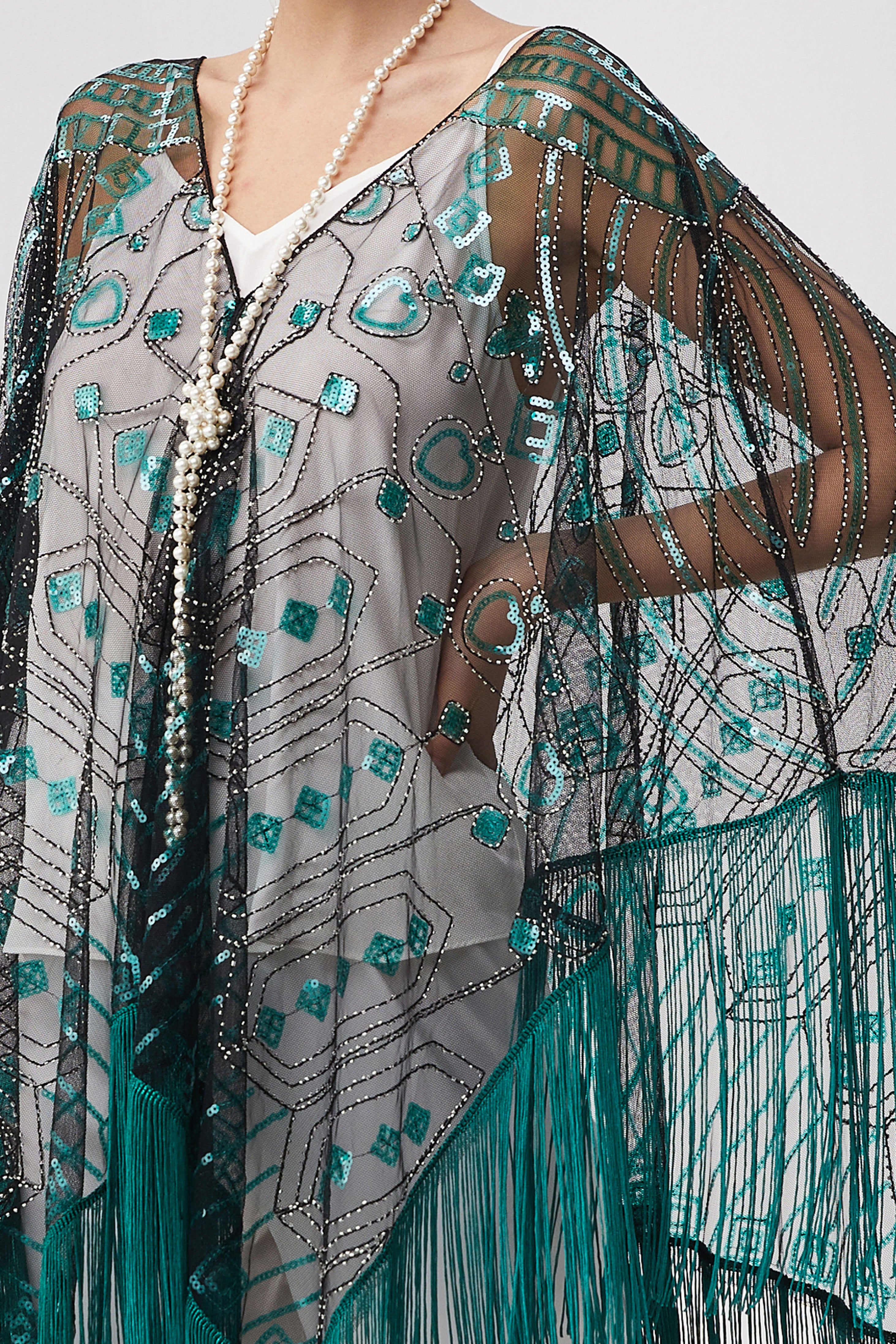 1920s Knee Length Fringed Shawl | Black/Turquoise | 4