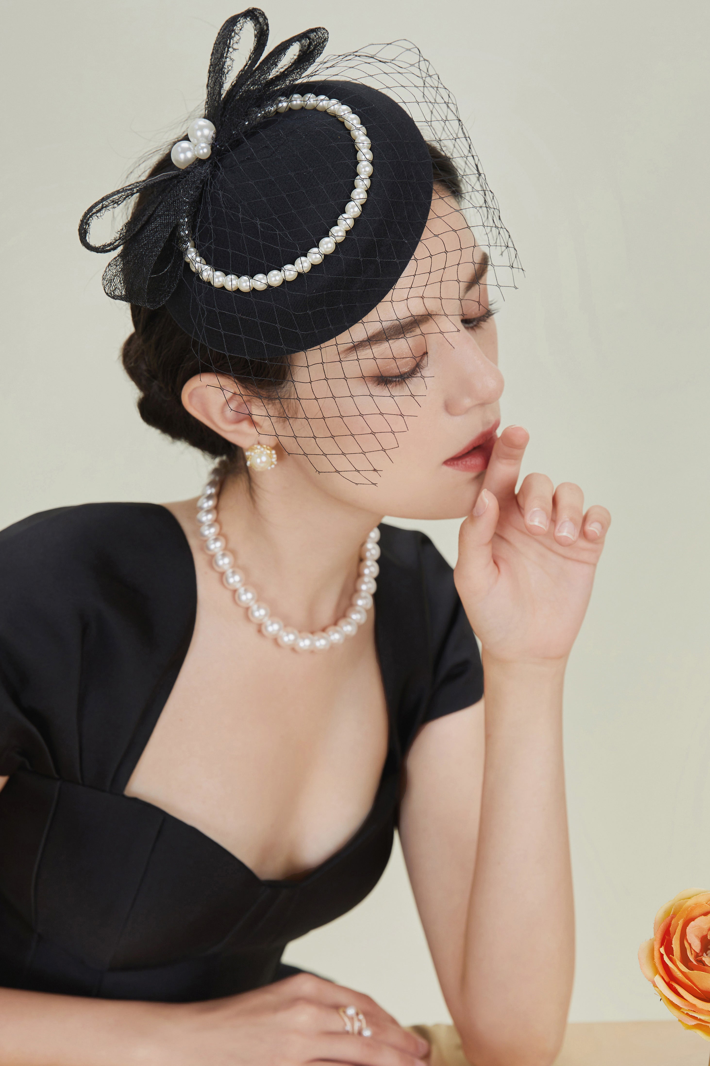 Pearl Studded Veil Feather Pillbox Fascinator | black | 3