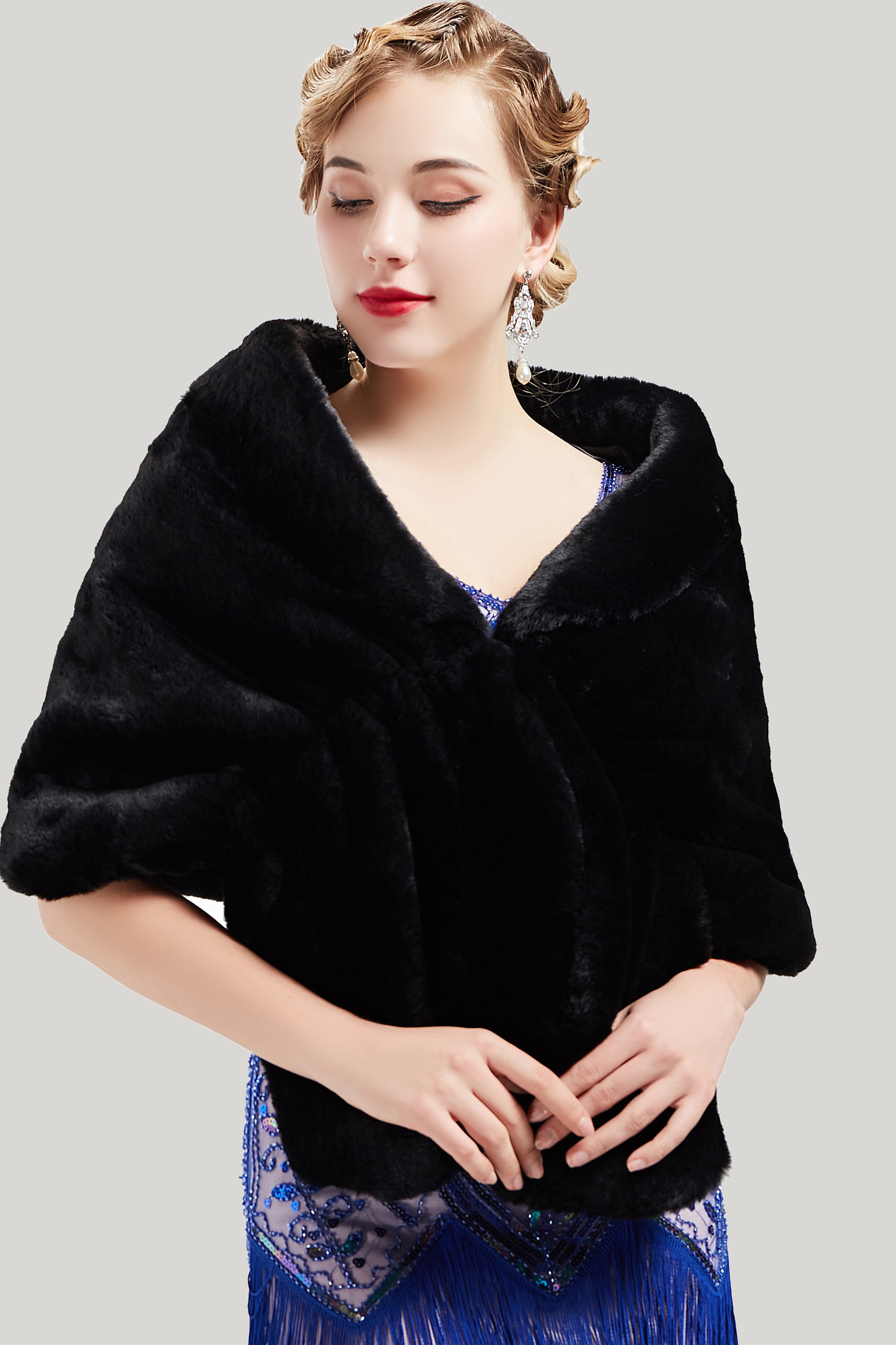 1920s Faux Fur Scarf Wrap Evening Cape | Black | 2