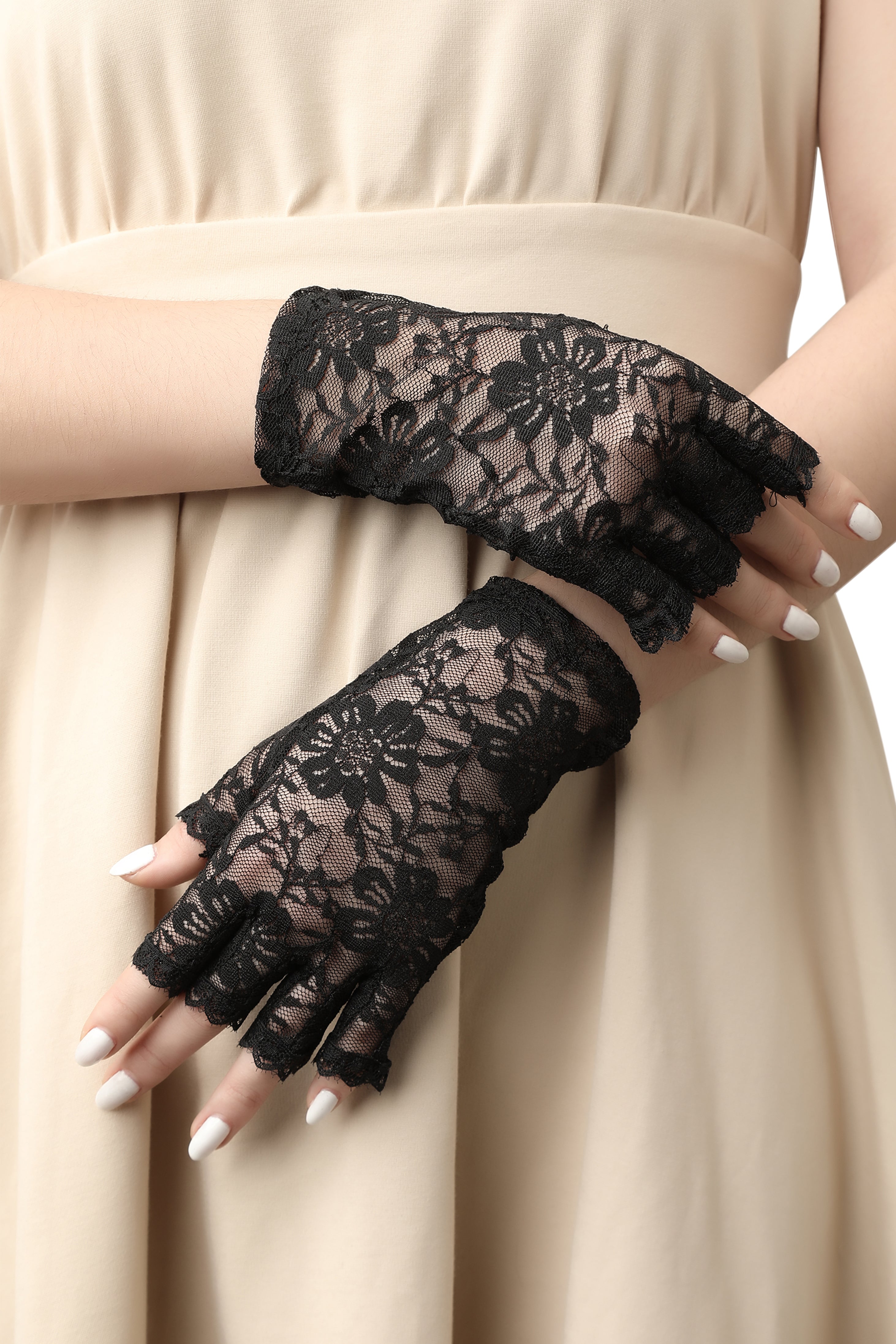 6.3" Vintage Lace Up Fingerless Gloves | Black | 2