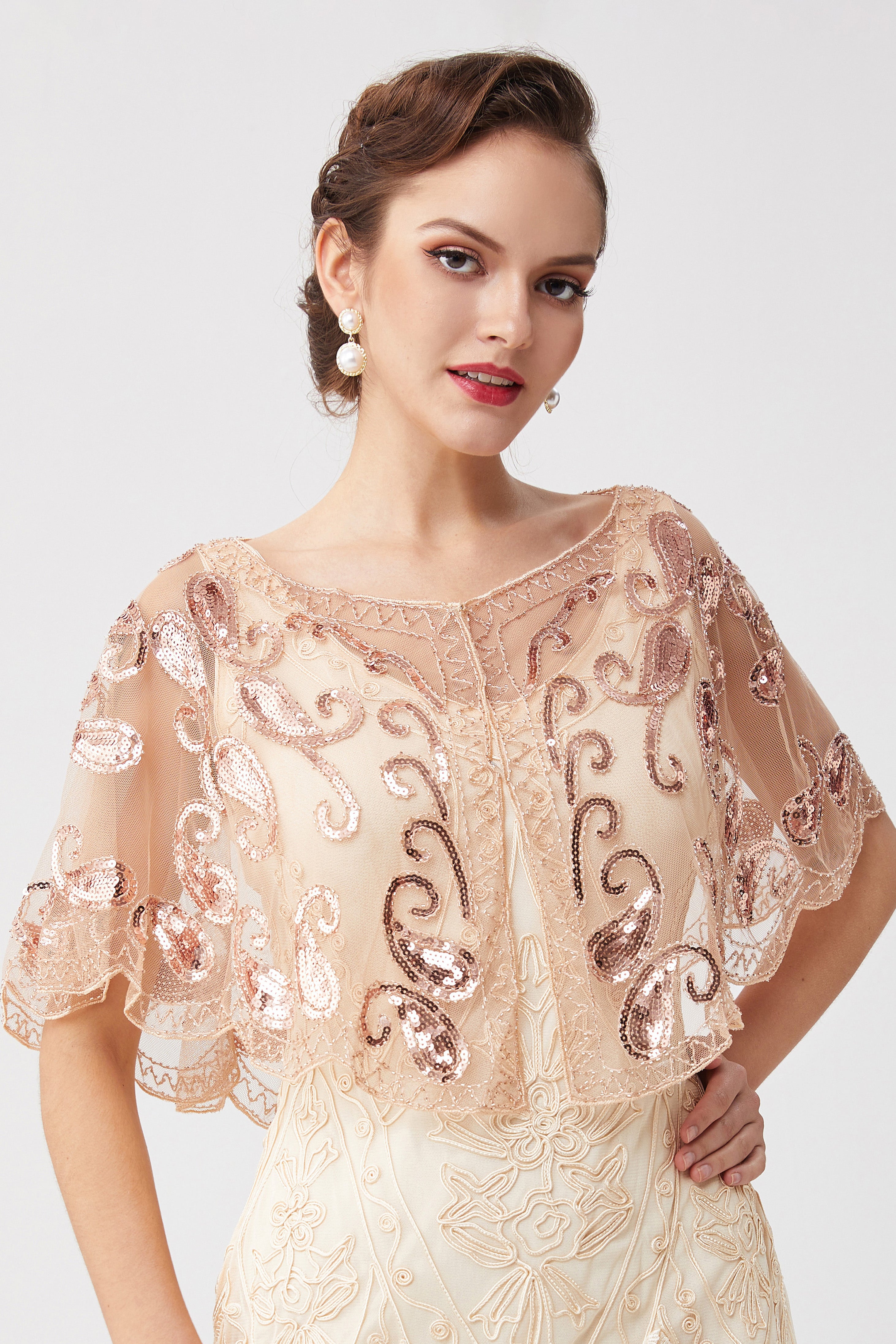 1920s Sequin Beaded Flapper Shawl | Bisque | 8