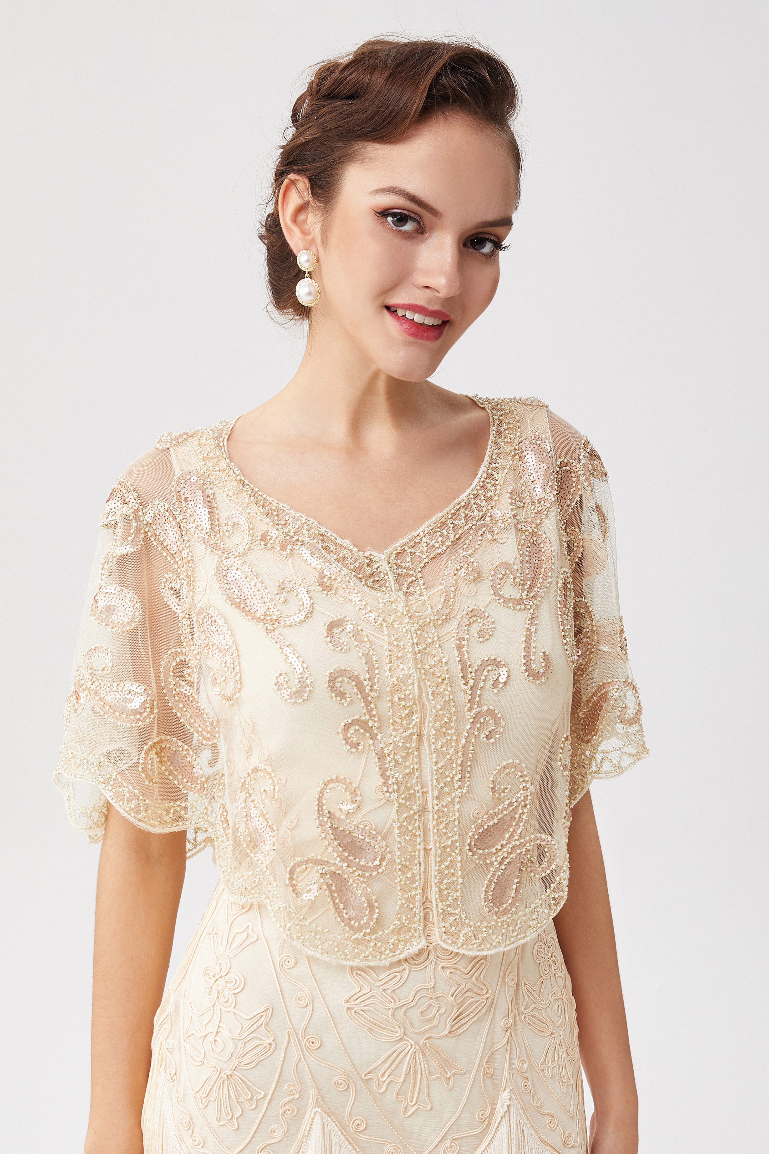 1920s Sequin Beaded Gatsby Shawl |  Cream | 7