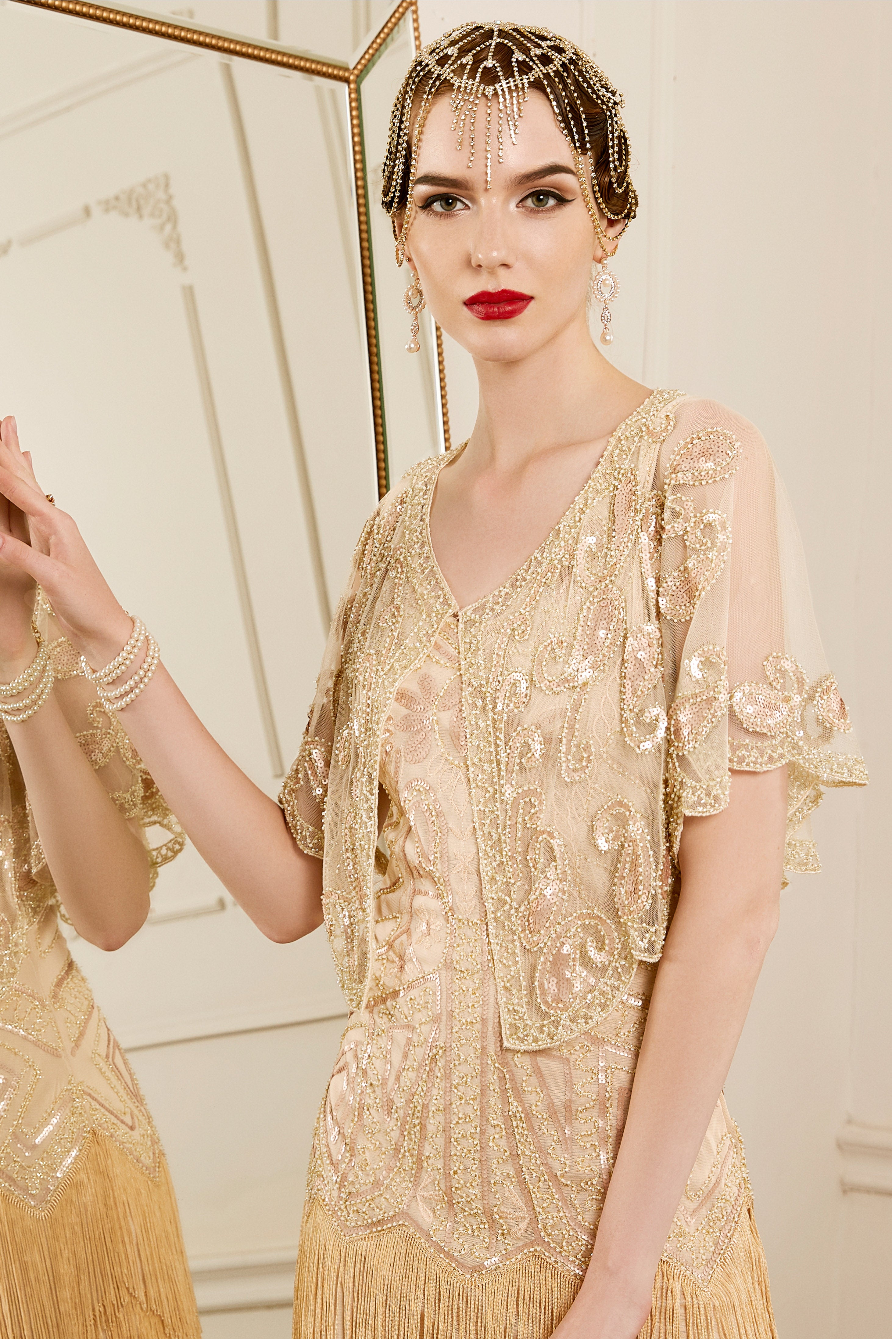 1920s Sequin Beaded Gatsby Shawl |  Cream | 8