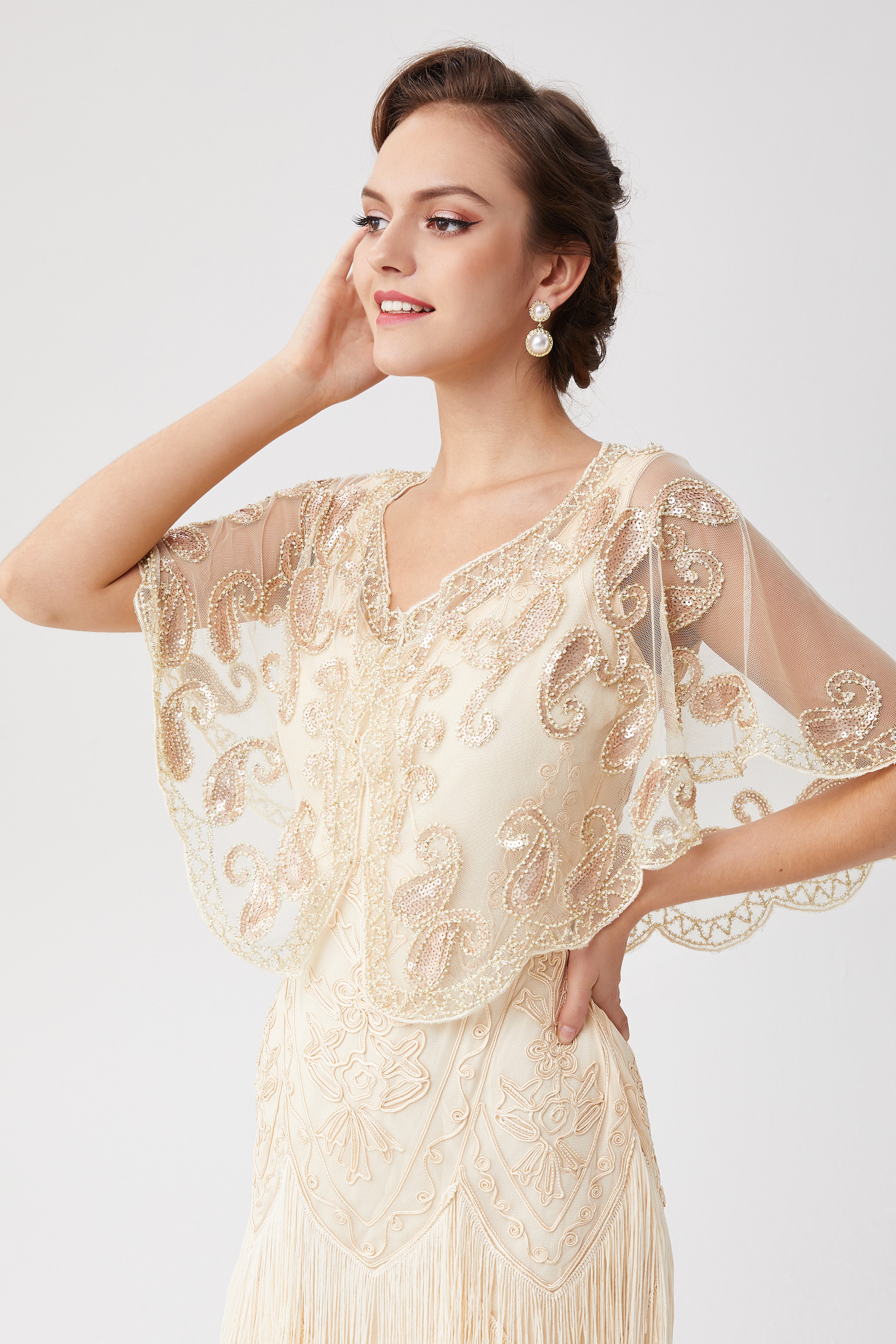 1920s Sequin Beaded Gatsby Shawl |  Cream | 9