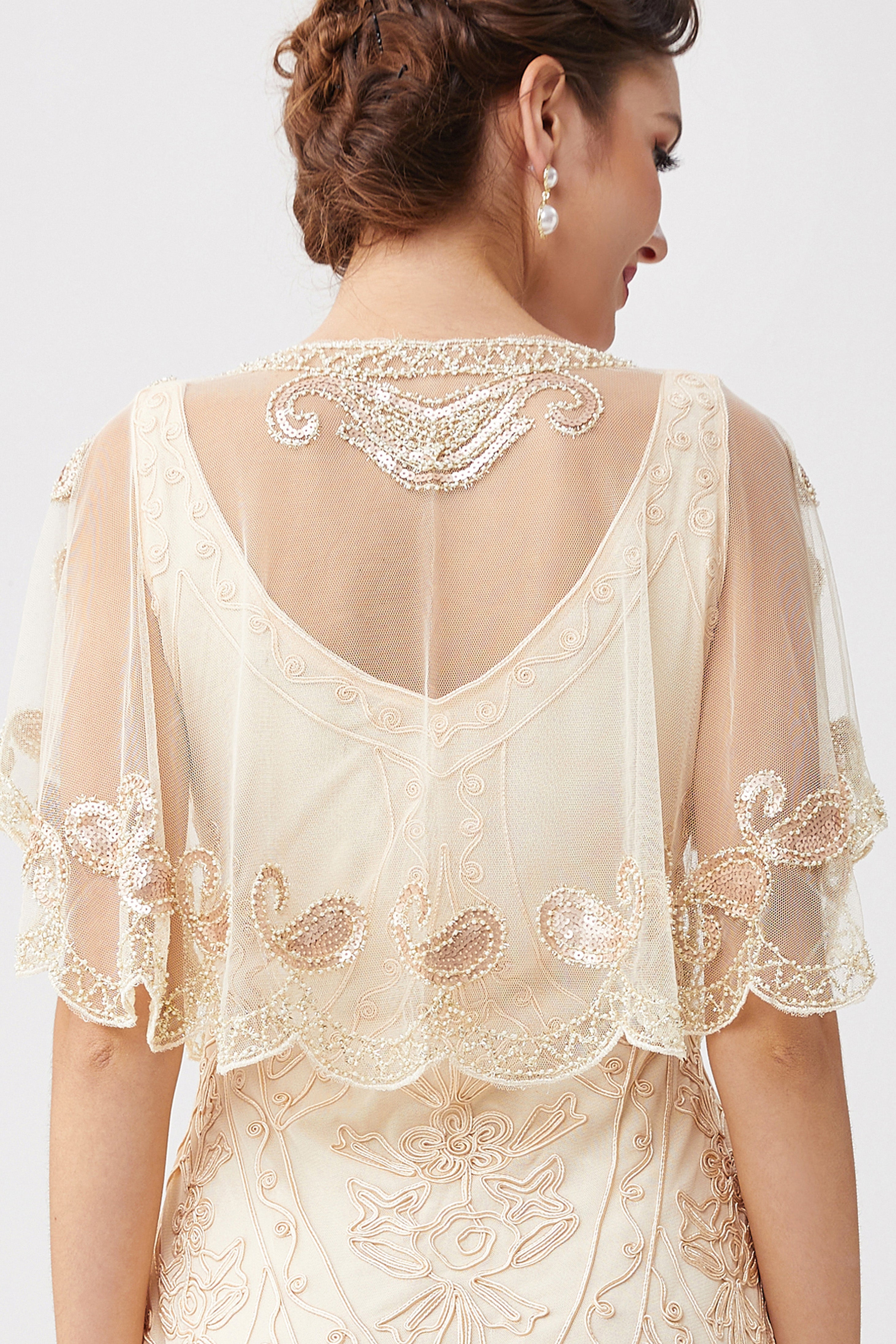 1920s Sequin Beaded Gatsby Shawl |  Cream | 11