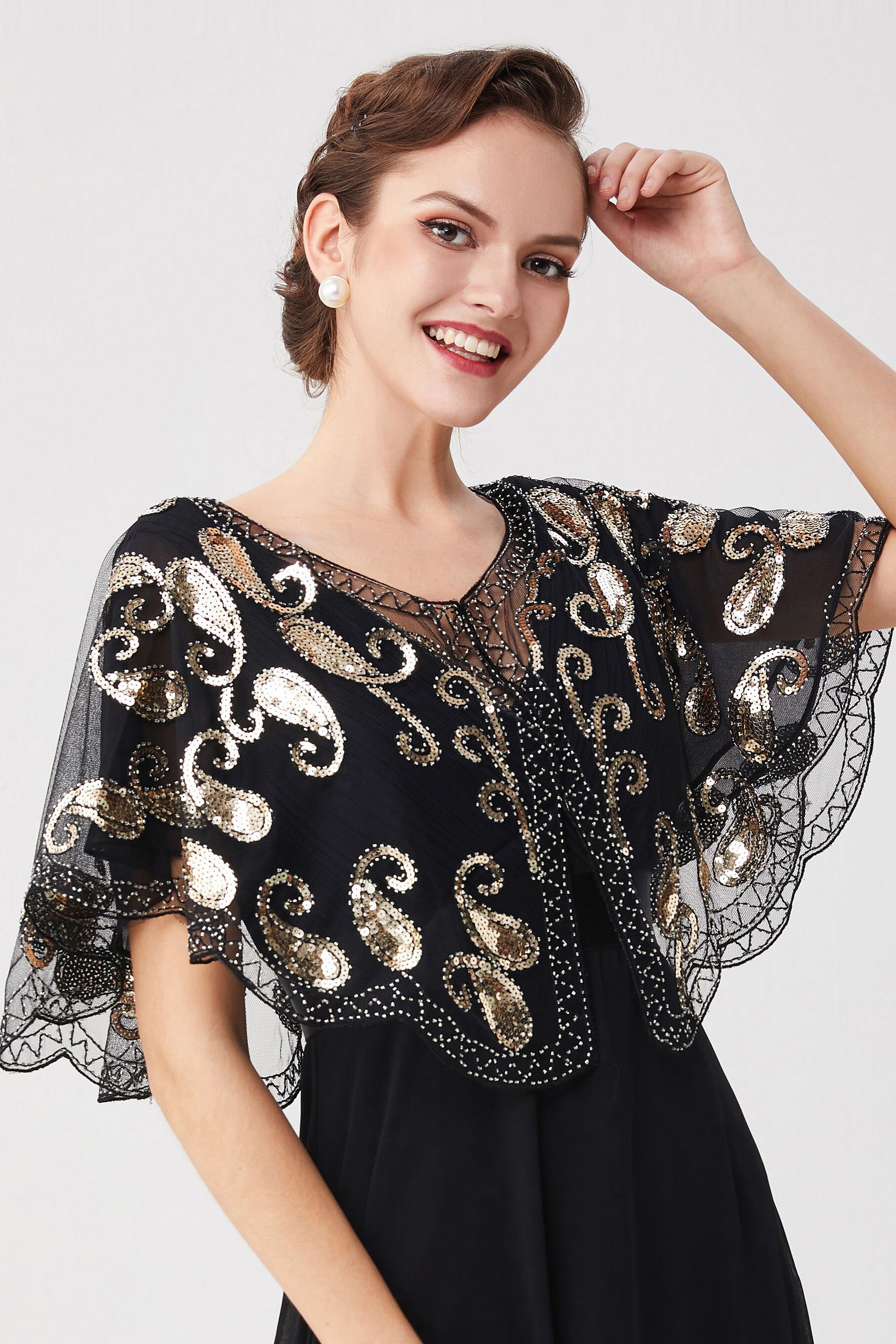 1920s Sequin Beaded Gatsby Shawl | Black/Silver  | 13