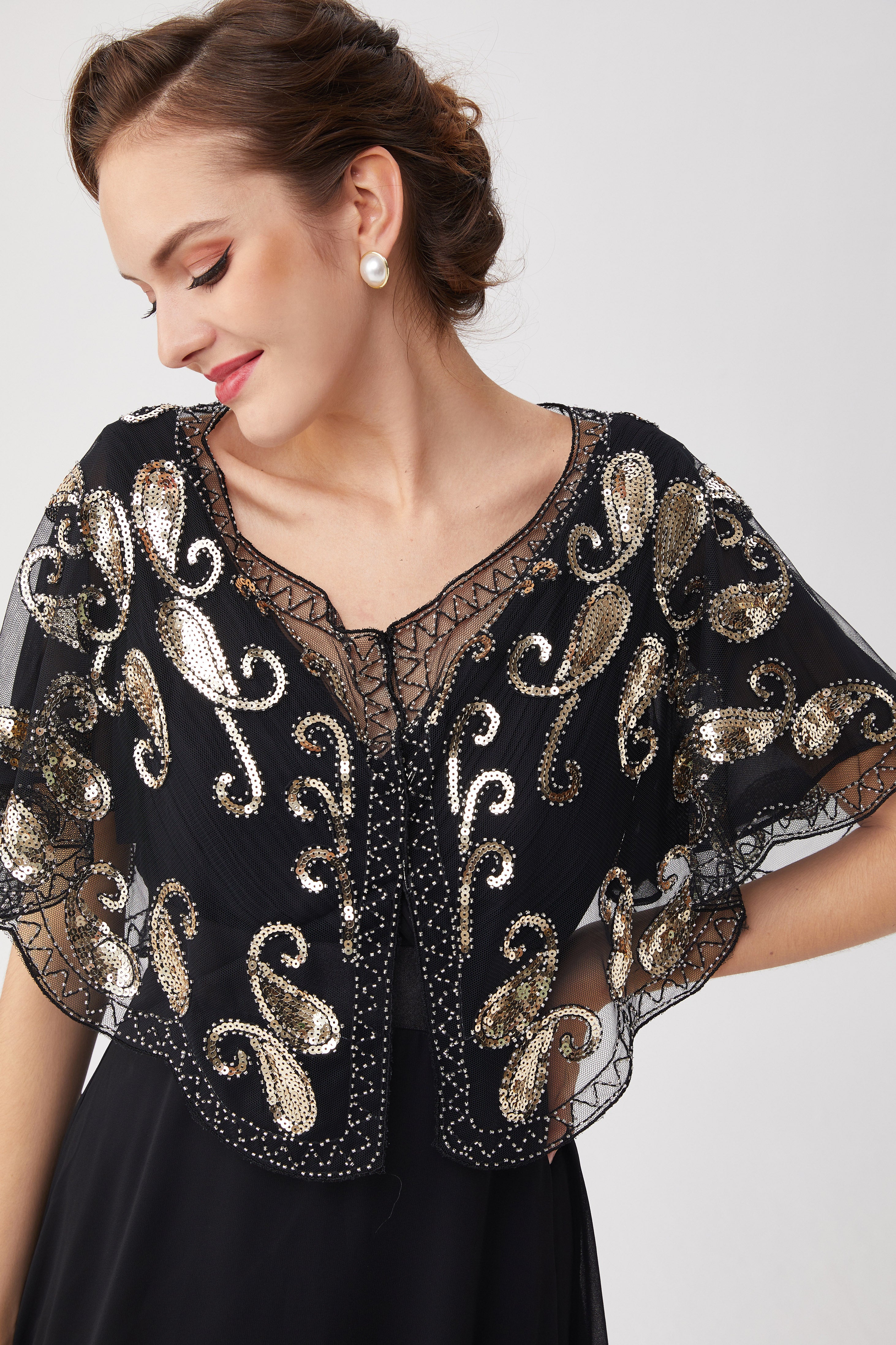 1920s Sequin Beaded Gatsby Shawl | Black/Silver  | 14