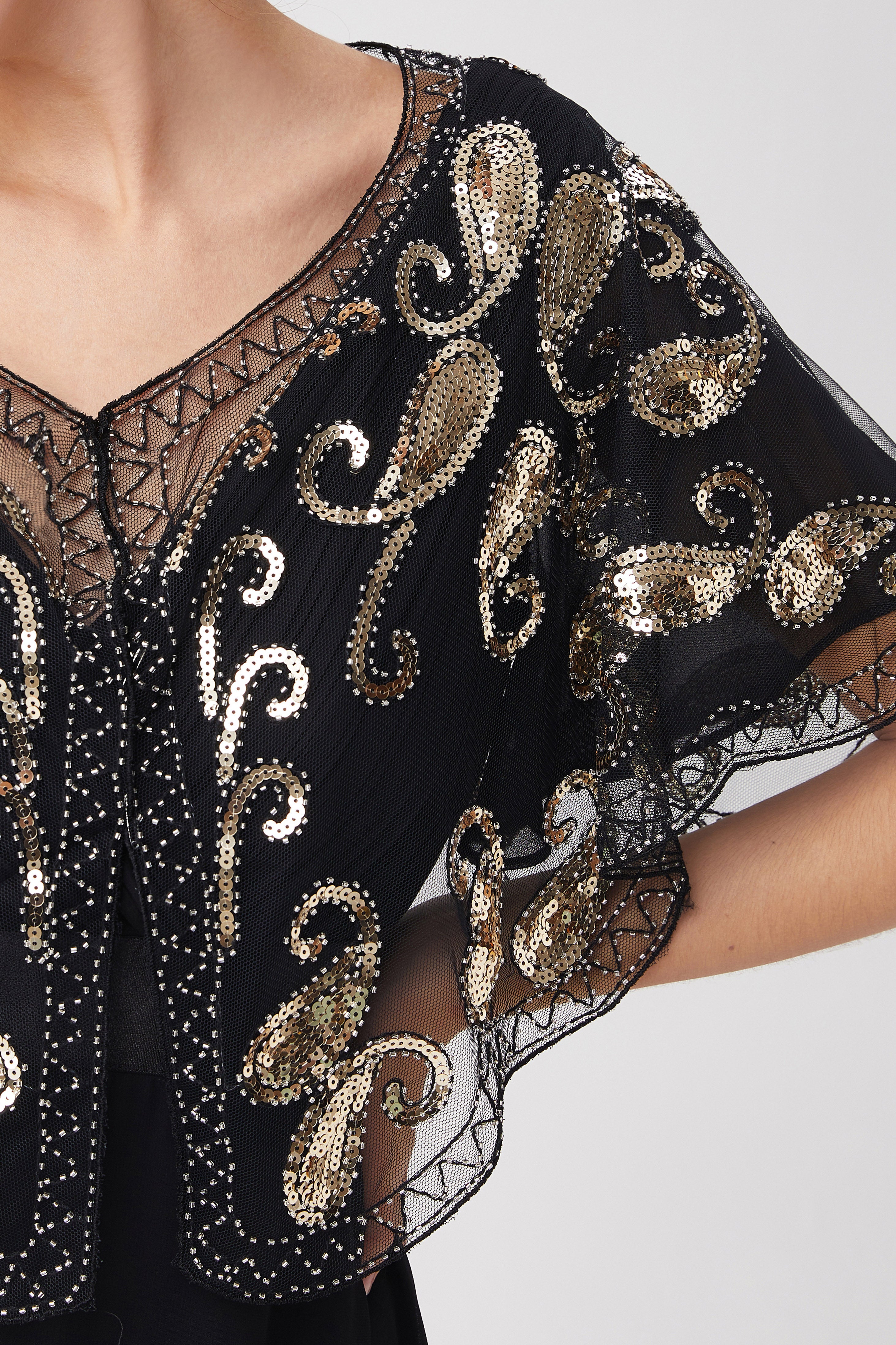 1920s Sequin Beaded Gatsby Shawl | Black/Silver  | 15