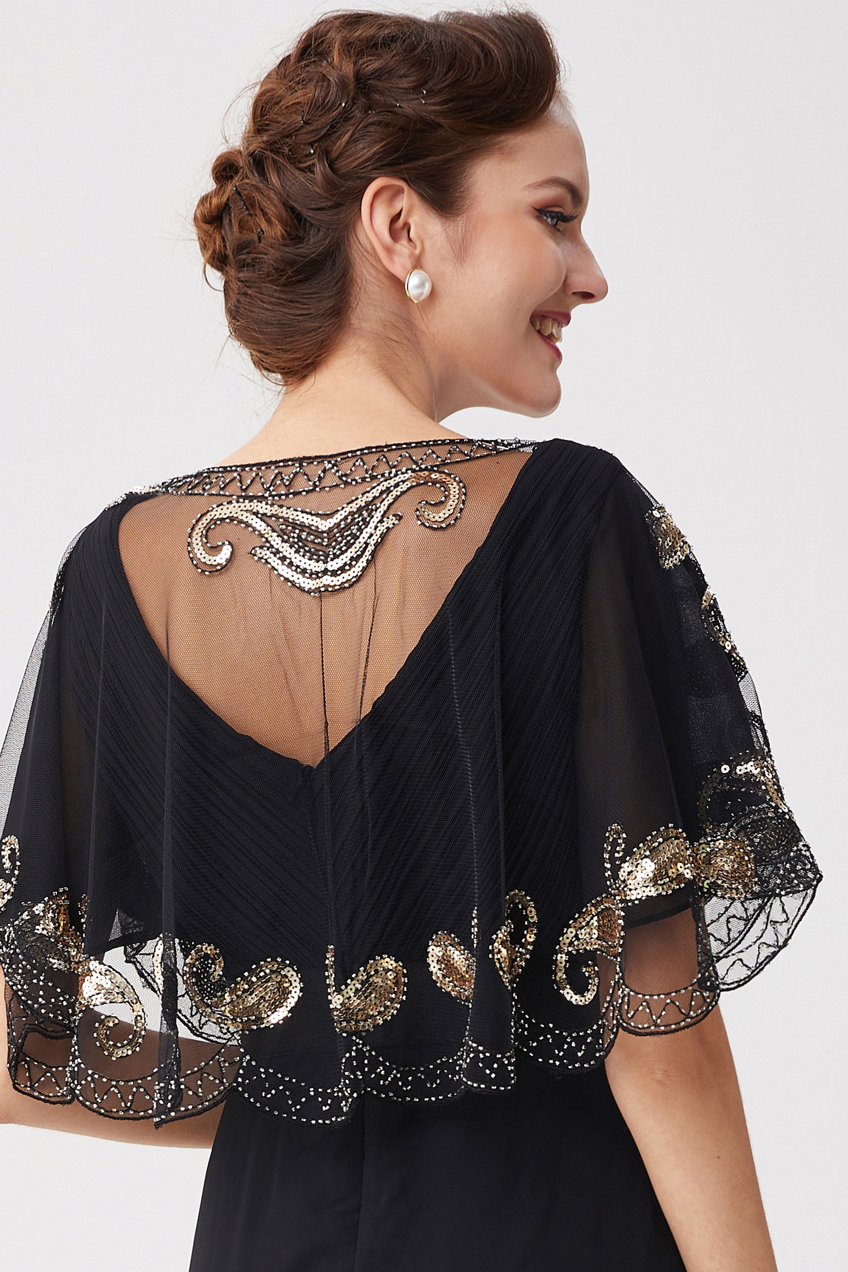 1920s Sequin Beaded Gatsby Shawl | Black/Silver | 16