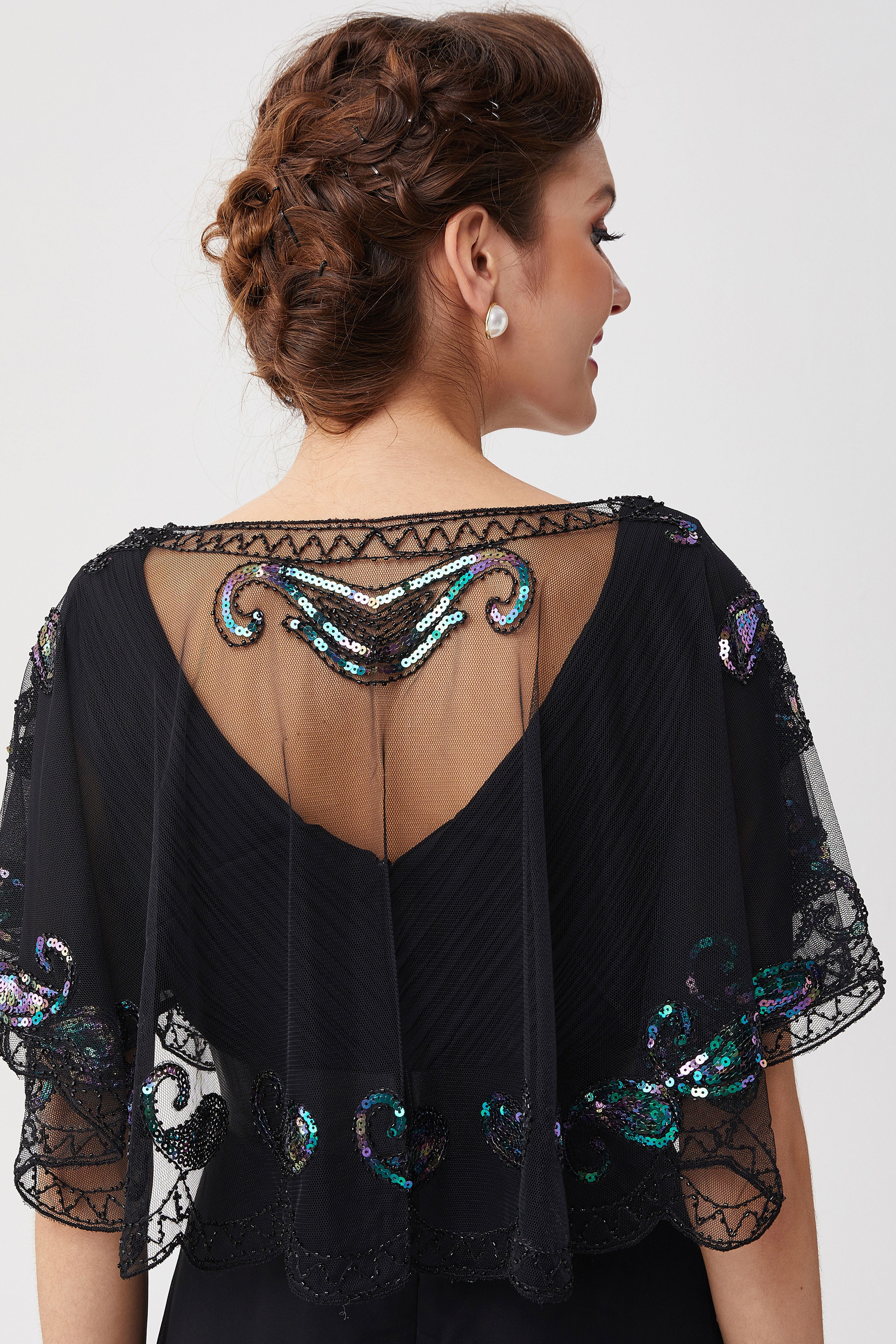 1920s Sequin Beaded Flapper Shawl | Black/Iridescence | 15