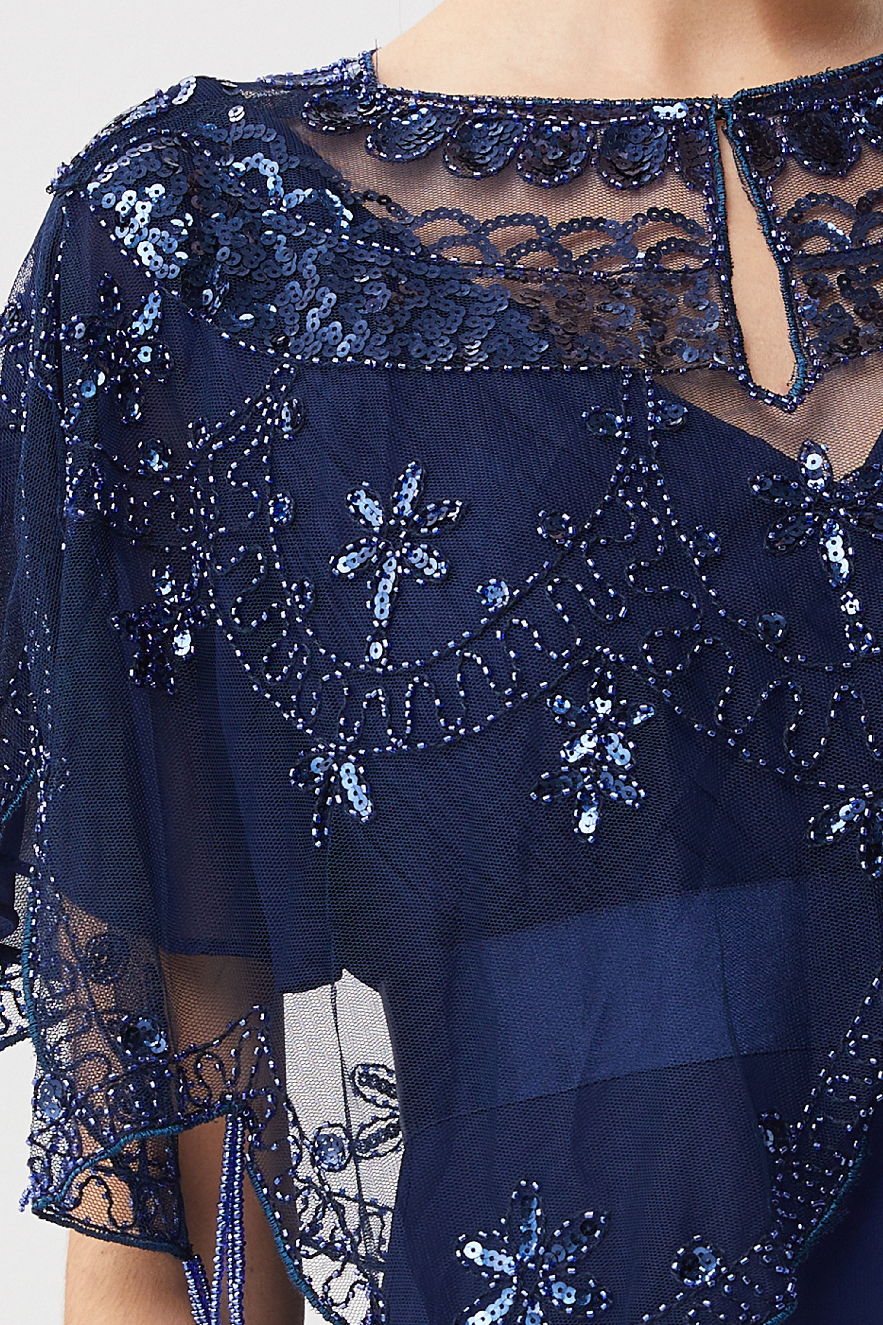 1920s Sequin Beaded Evening Shawl | Black/Blue | 14