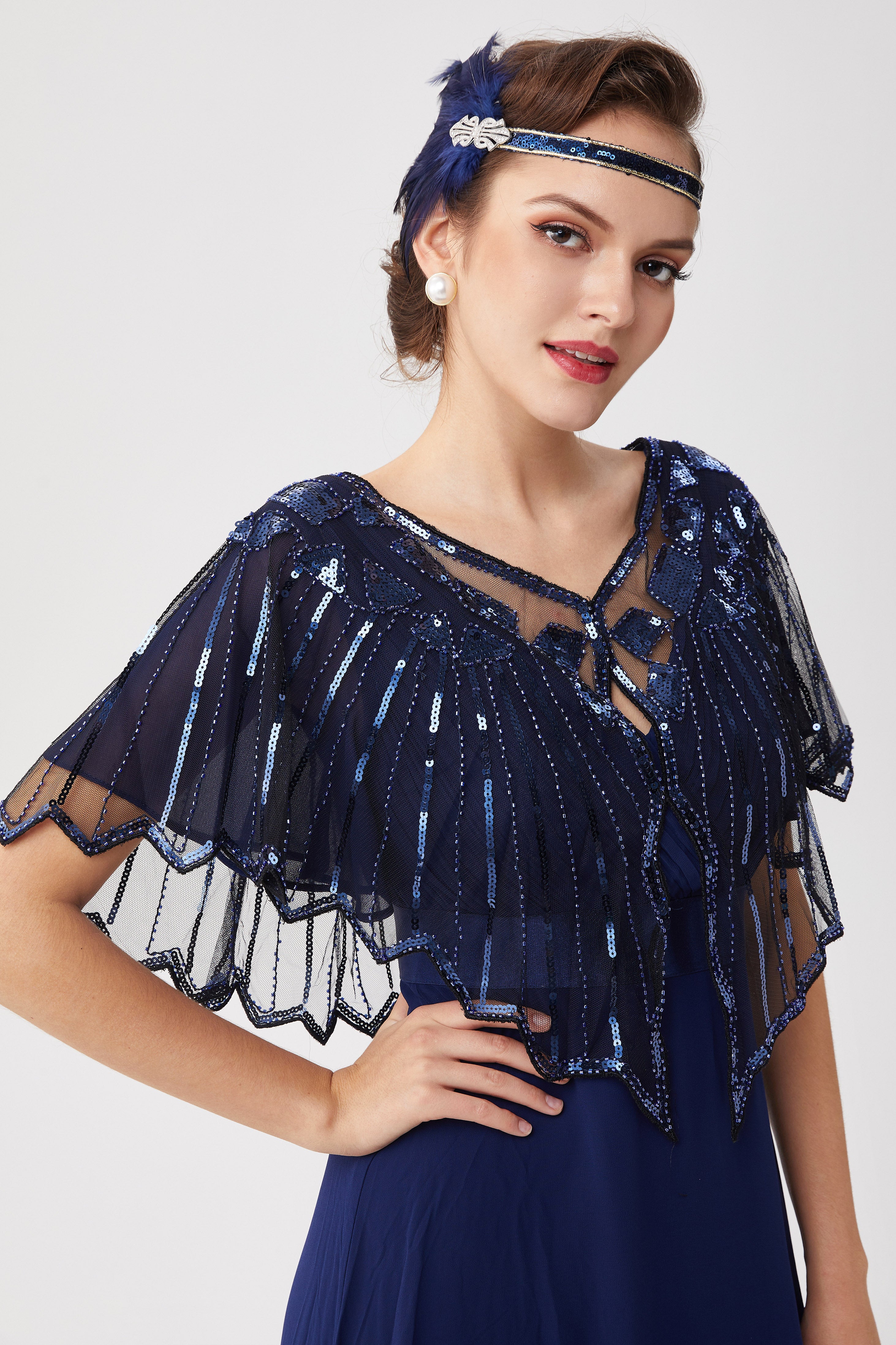 1920s Sequin Flapper Evening Shawl | Black/Blue | 13