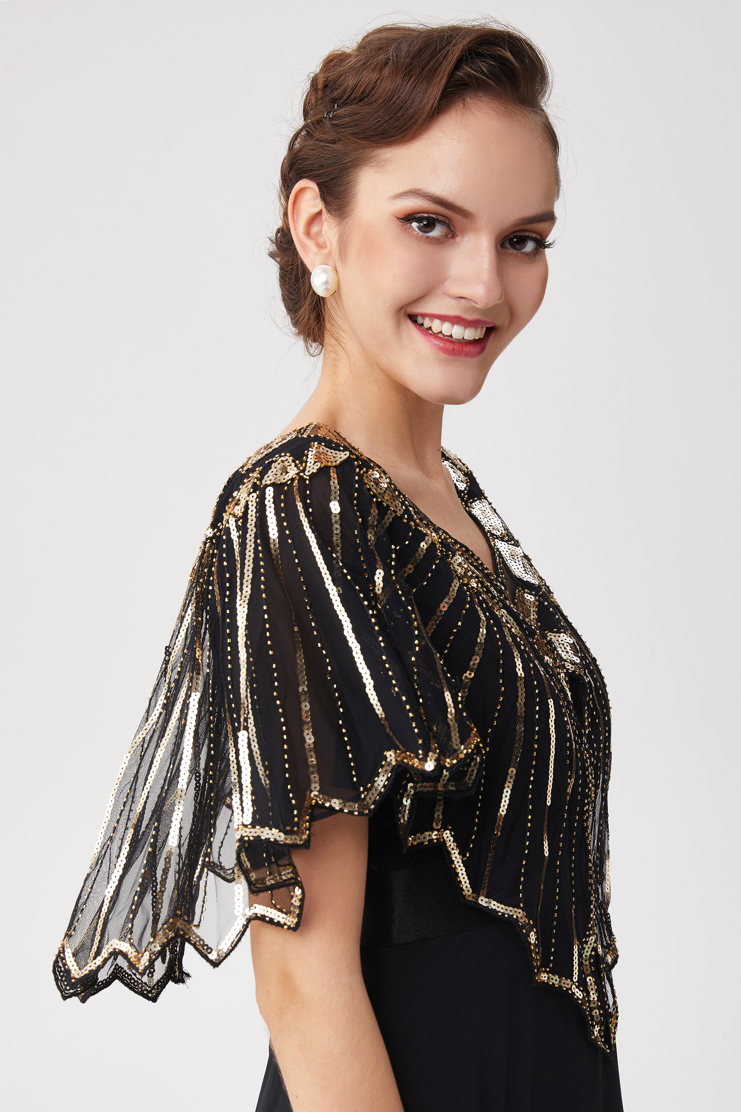 1920s Sequin Flapper Evening Shawl | Black/Gold | 14