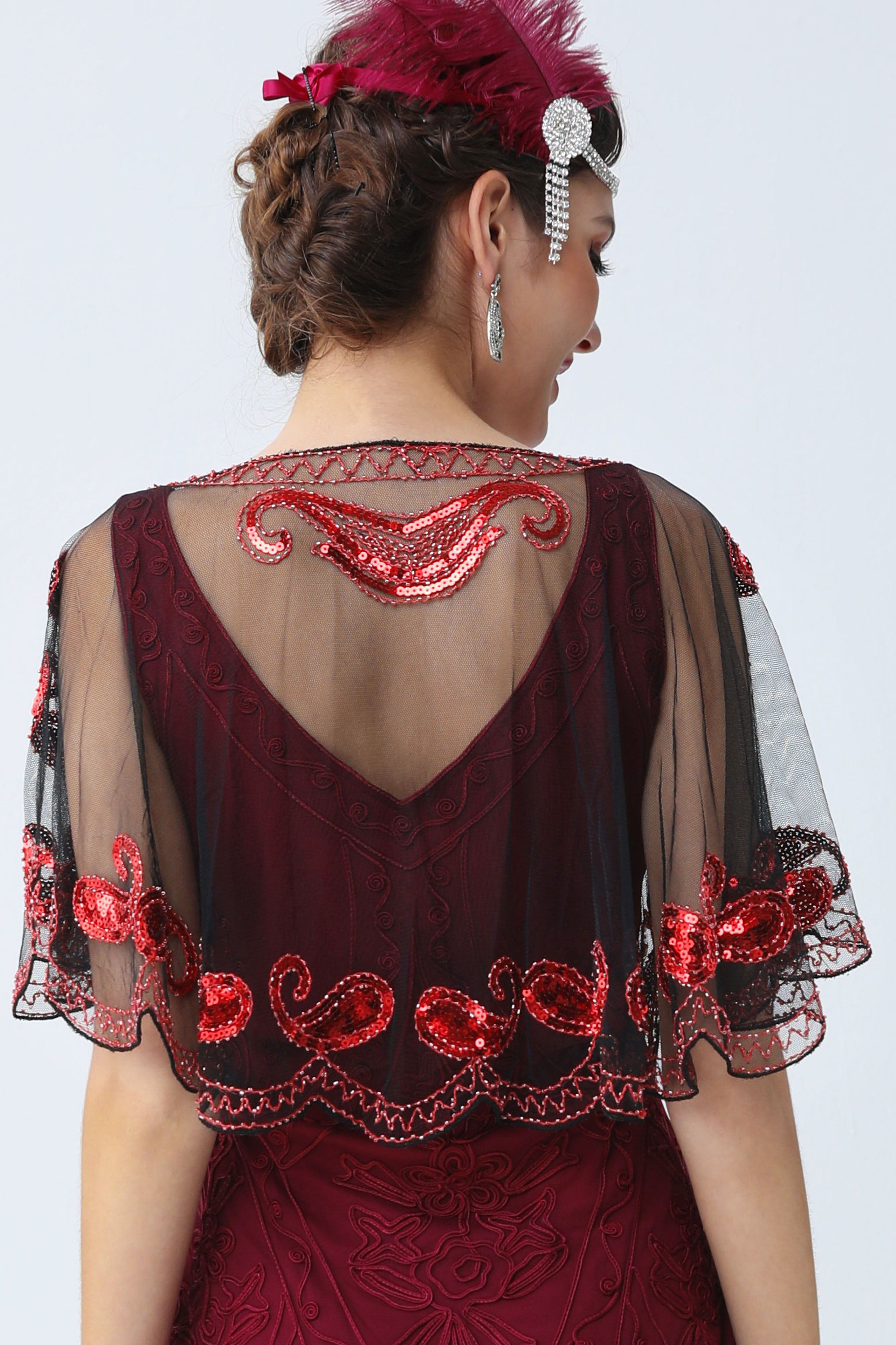 1920s Sequin Beaded Flapper Shawl | Black/Red | 20